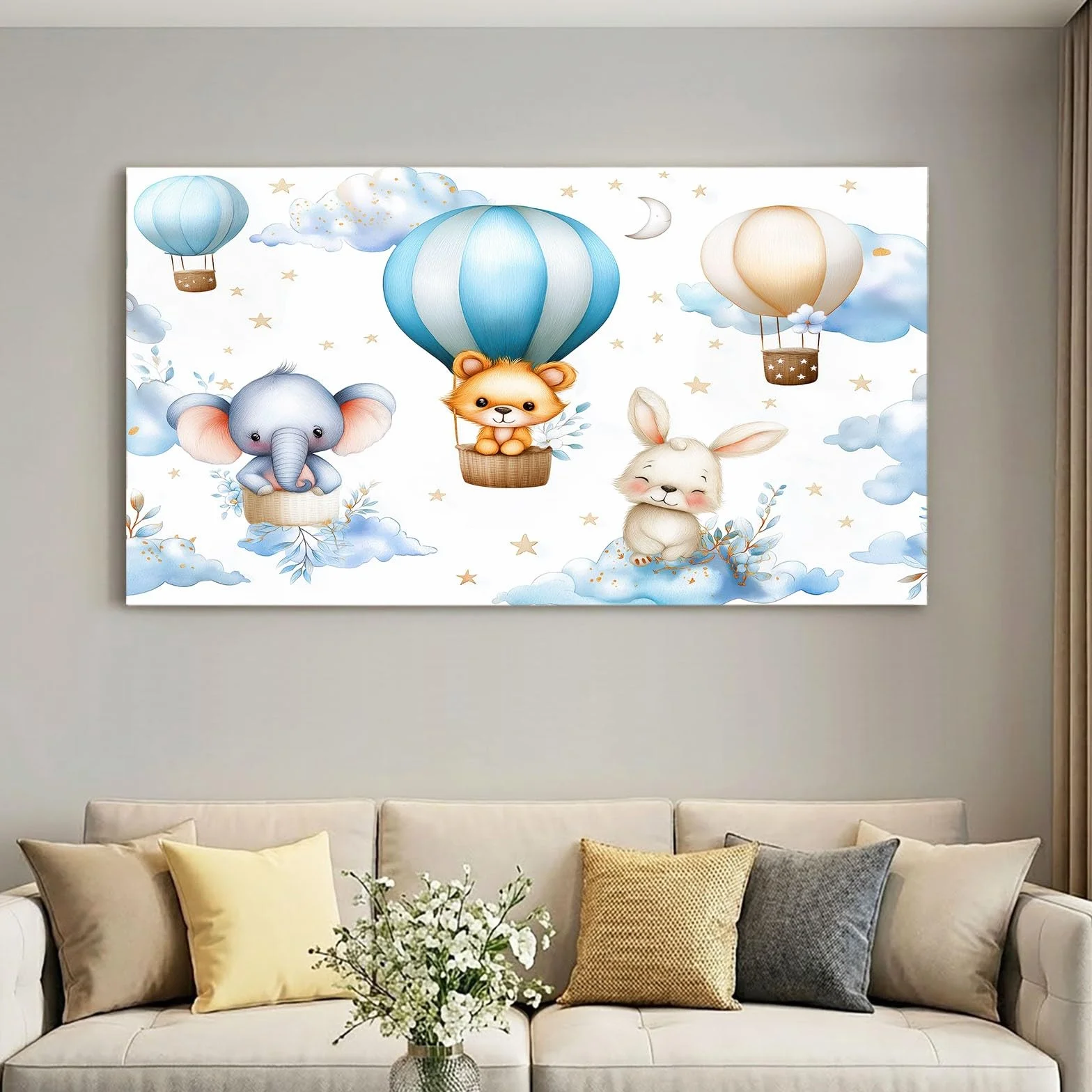 Obrazy na płótnie, z kreskówki, obrazy ścienne do salonu, 90 x 60 cm, druk artystyczny, obrazy na płótnie, białe balony na gorące powietrze, zając, gwiazda, chmura, dekoracja ścienna do korytarza