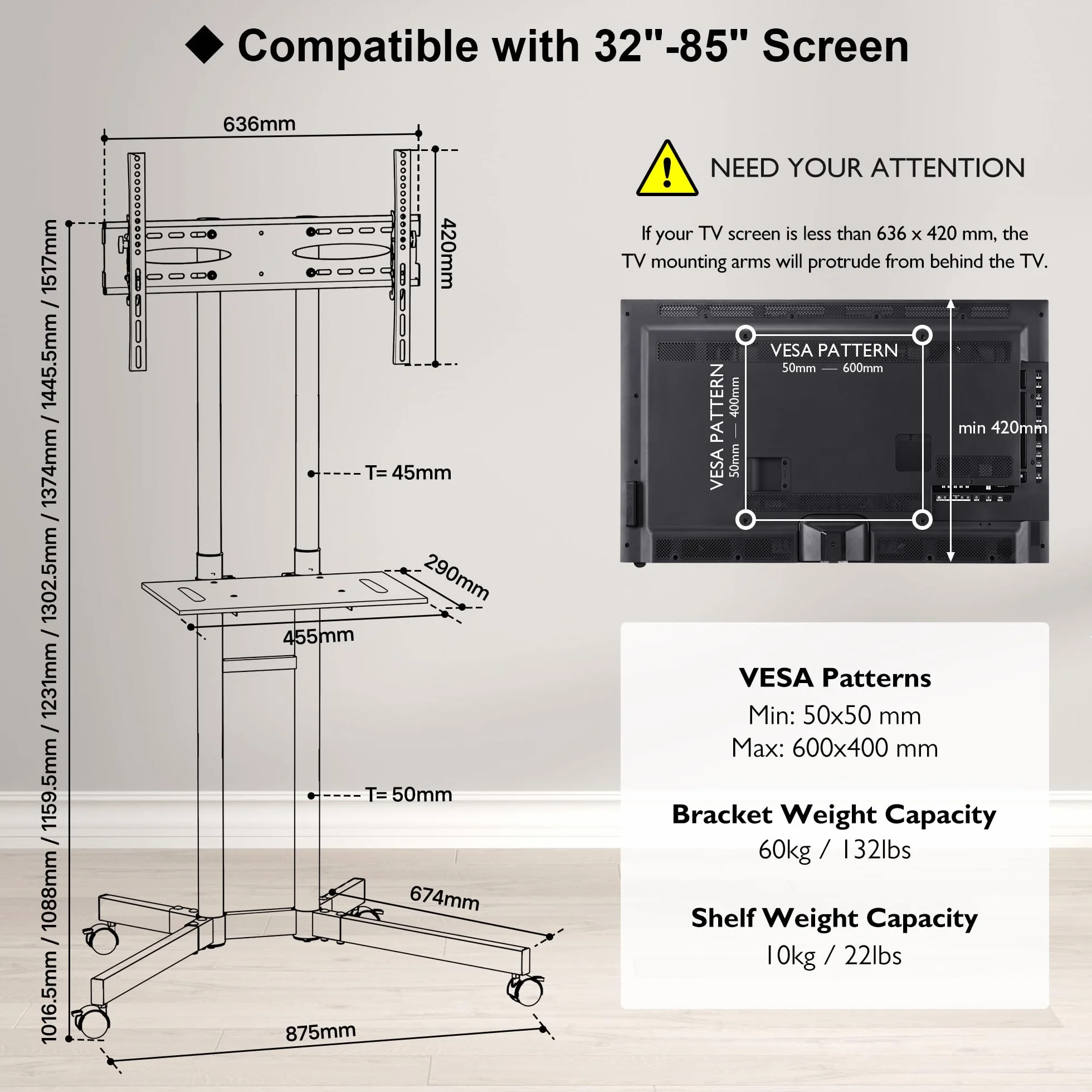 BONTEC Mobilny Stojak na Telewizor na Kółkach 32-85 cali, Regulowana Półka, 60 kg, VESA 600x400mm, Biały