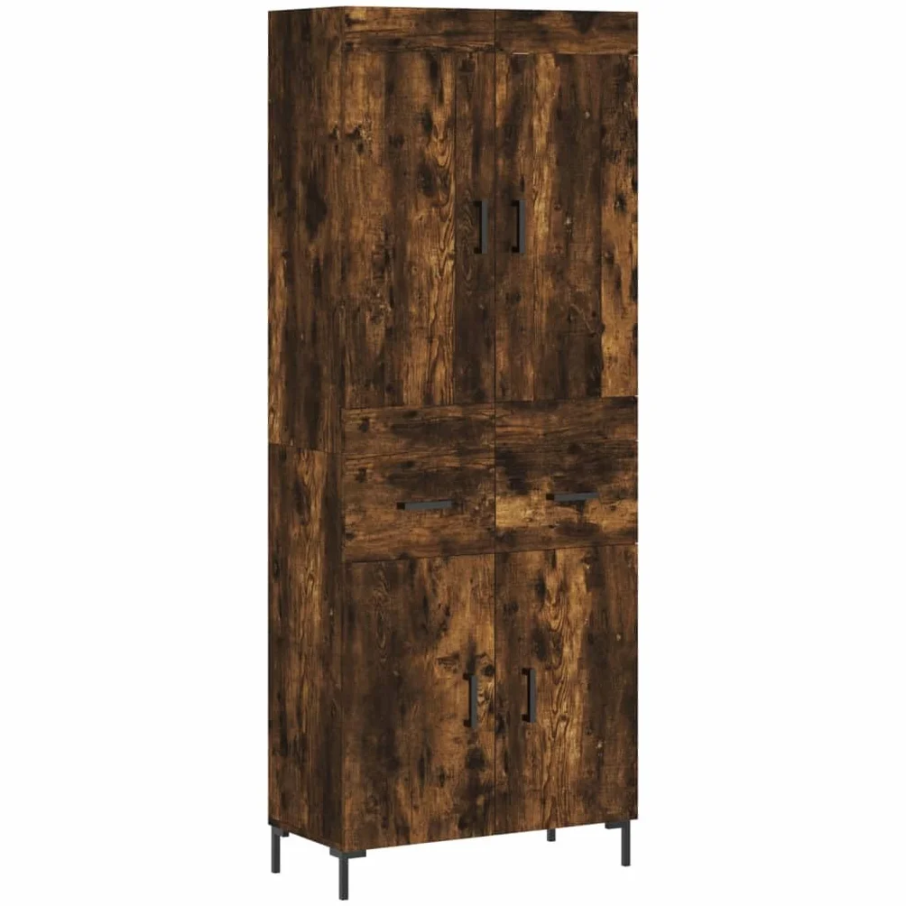 Générique Wysoki bufet wędzony dąb 69,5x34x180 cm, szafka do przechowywania z drewna inżynieryjnego z drzwiami i metalowymi nogami
