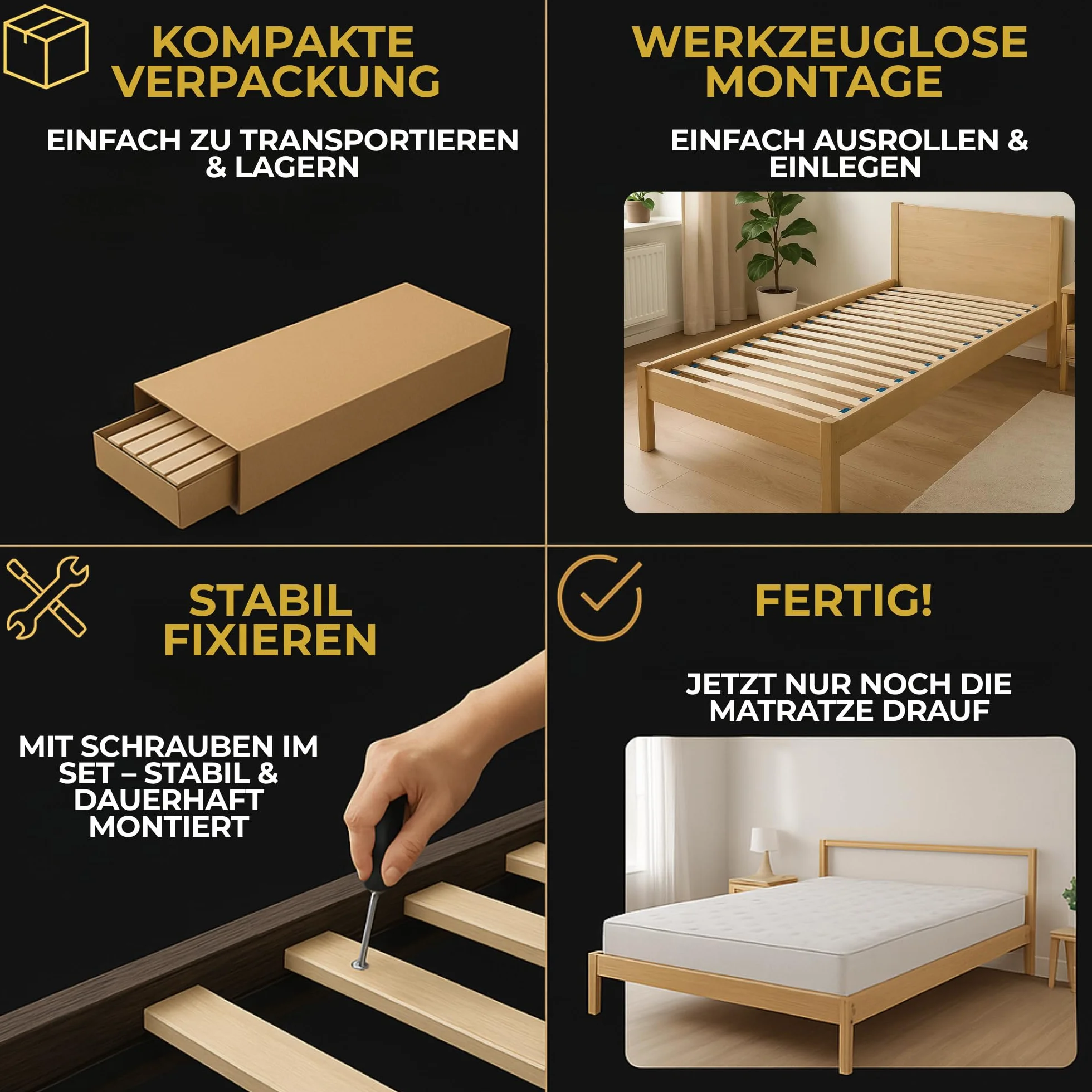 Rolowany Stelaż Listwowy 160x200 cm PREMIUM – 22 Listew z Litego Drewna Bukowego x2, Nośności do 170 kg na Stronę, Wytrzymały i Łatwy w Montażu, Wkręty w Zestawie