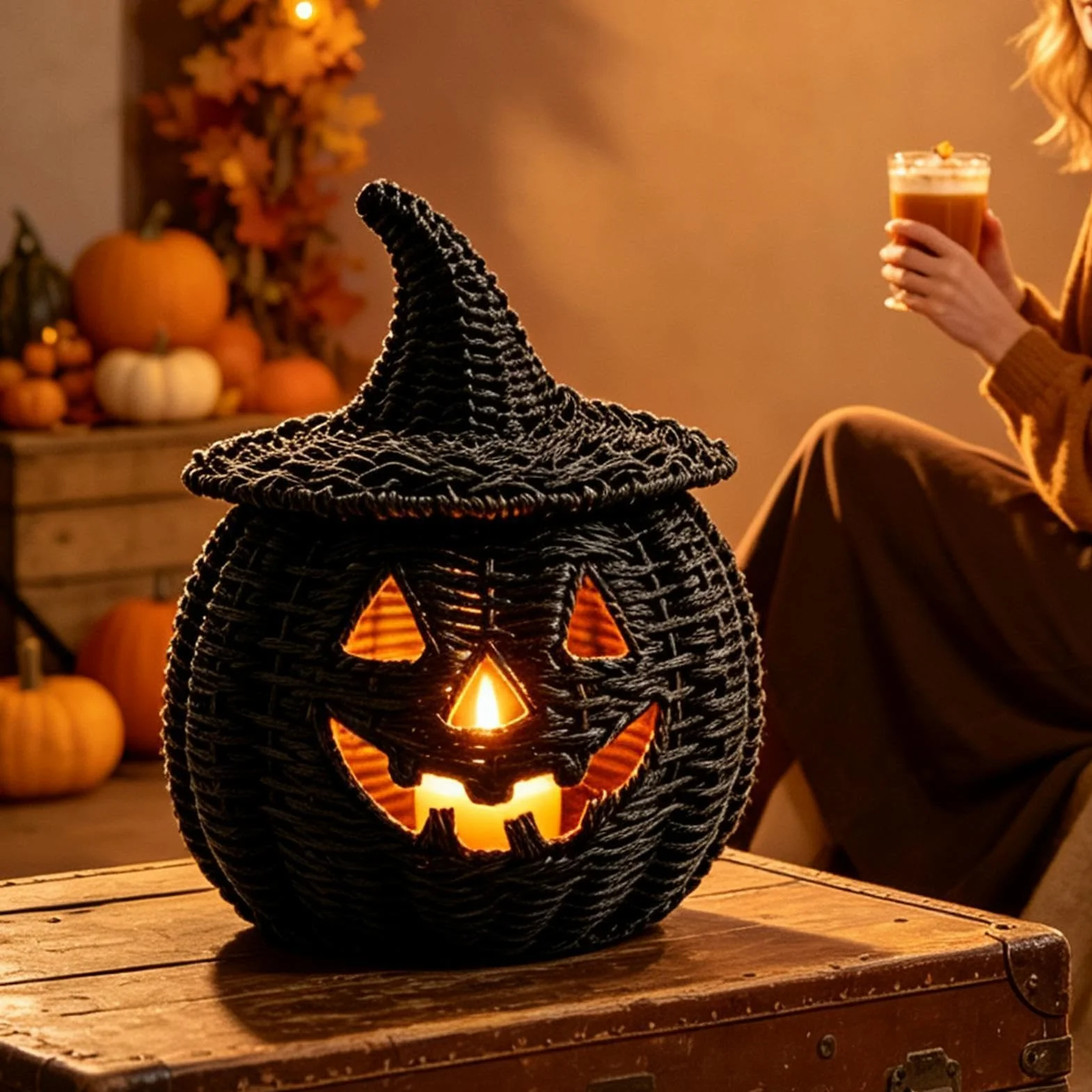 Czarny pleciony kosz dyniowy Pojemnik Do Przechowywania Halloween Ze Świecą | Straszny Kosz Do Przechowywania Słodyczy do domu mieszkania apartamentu salonu biurka kominka stołu jadalnego prze