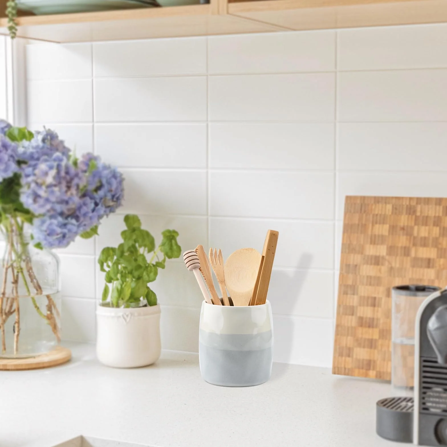 Ceramiczny Pojemnik na Przybory Kuchenne, Garnek na Akcesoria Kuchenne do Organizacji Blatu, Ceramiczny Organizer na Łyżki, Szpatułki i Sztućce, Kremowo-Szary Warstwowy Design (S)