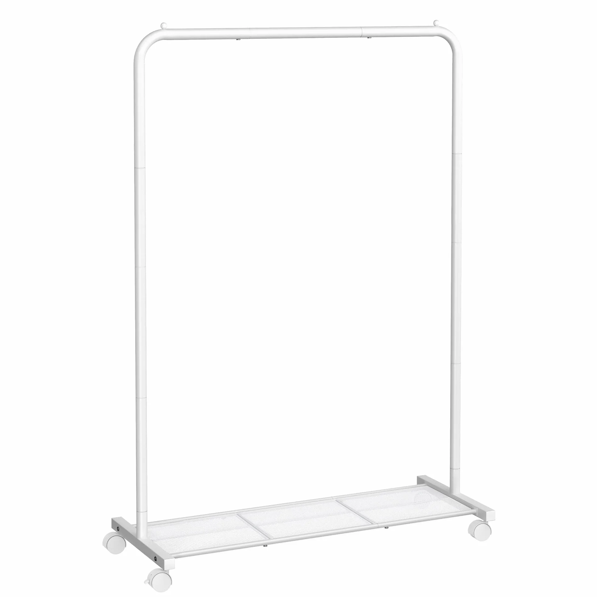 SONGMICS HSR025W01 wieszak na ubrania, drążek na ubrania, metalowy wieszak na kółkach o szerokości 91 cm, z półką, 2 rolki z hamulcem, drążek obciążający do 40 kg, biały