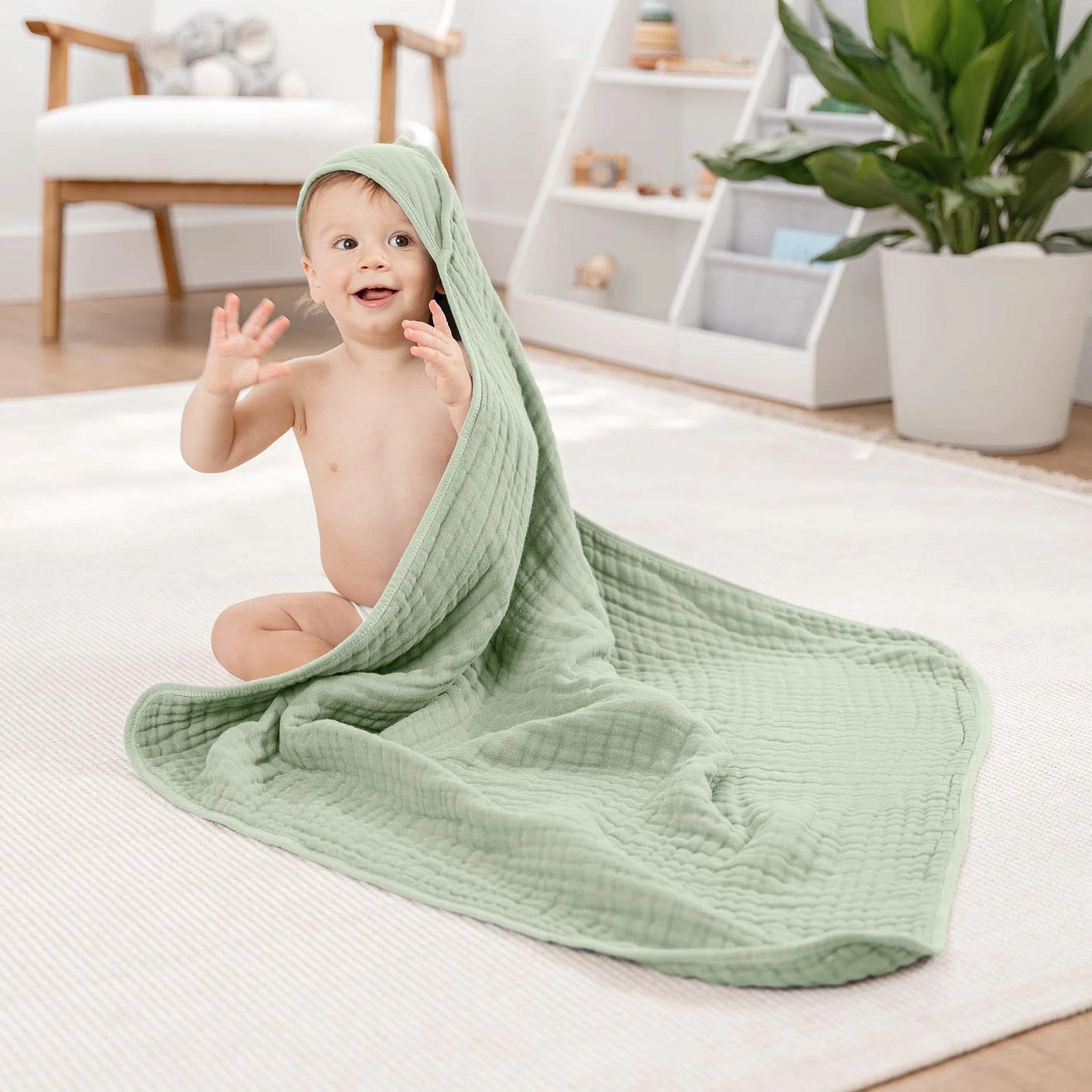 2 Pack Baby Hooded 9 Layer Muslin Cotton Towel for Kids, Large 32” x 32”, Ultra Soft, Warm, and Absorbent. Baby Essentials Bath Towels, Cute Unisex Cover for Girls and Boys (2 Pack, Sage)