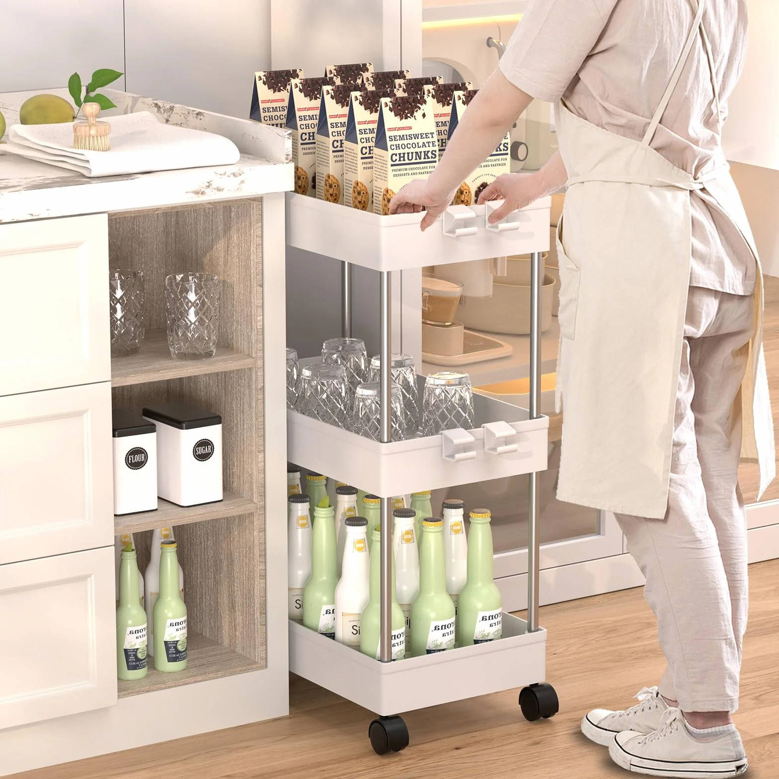 Wózek, wózek kuchenny z 3 poziomami, półka kuchenna z 4 haczykami, półka wnękowa na kółkach, półka do przechowywania w kuchni, biurze, łazience, pralni - 60 x 40 x 22 cm