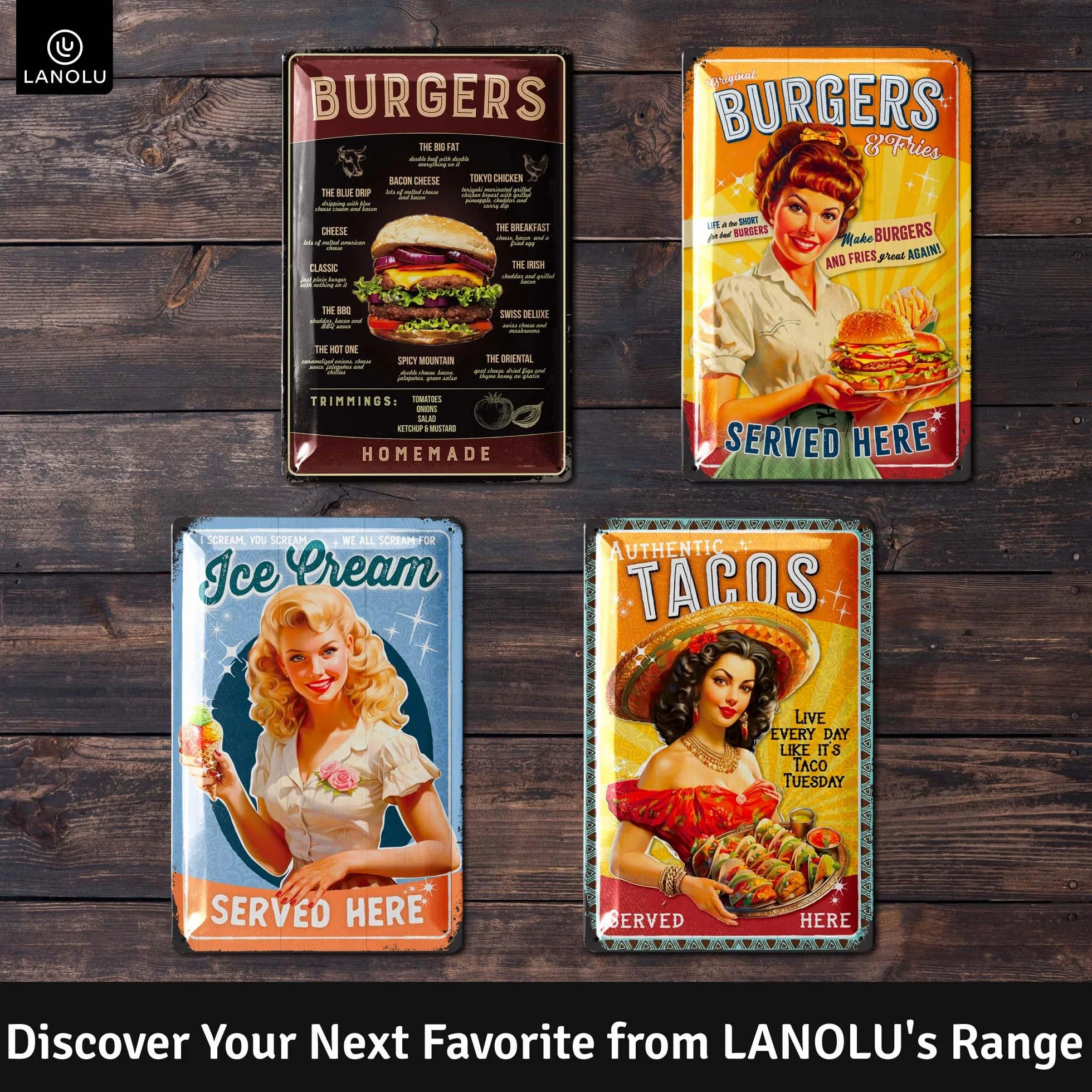 LANOLU Tabliczka blaszana w stylu vintage – znak hamburgera w stylu retro, sztuka ścienna, dekoracja restauracji, 30 x 20 cm
