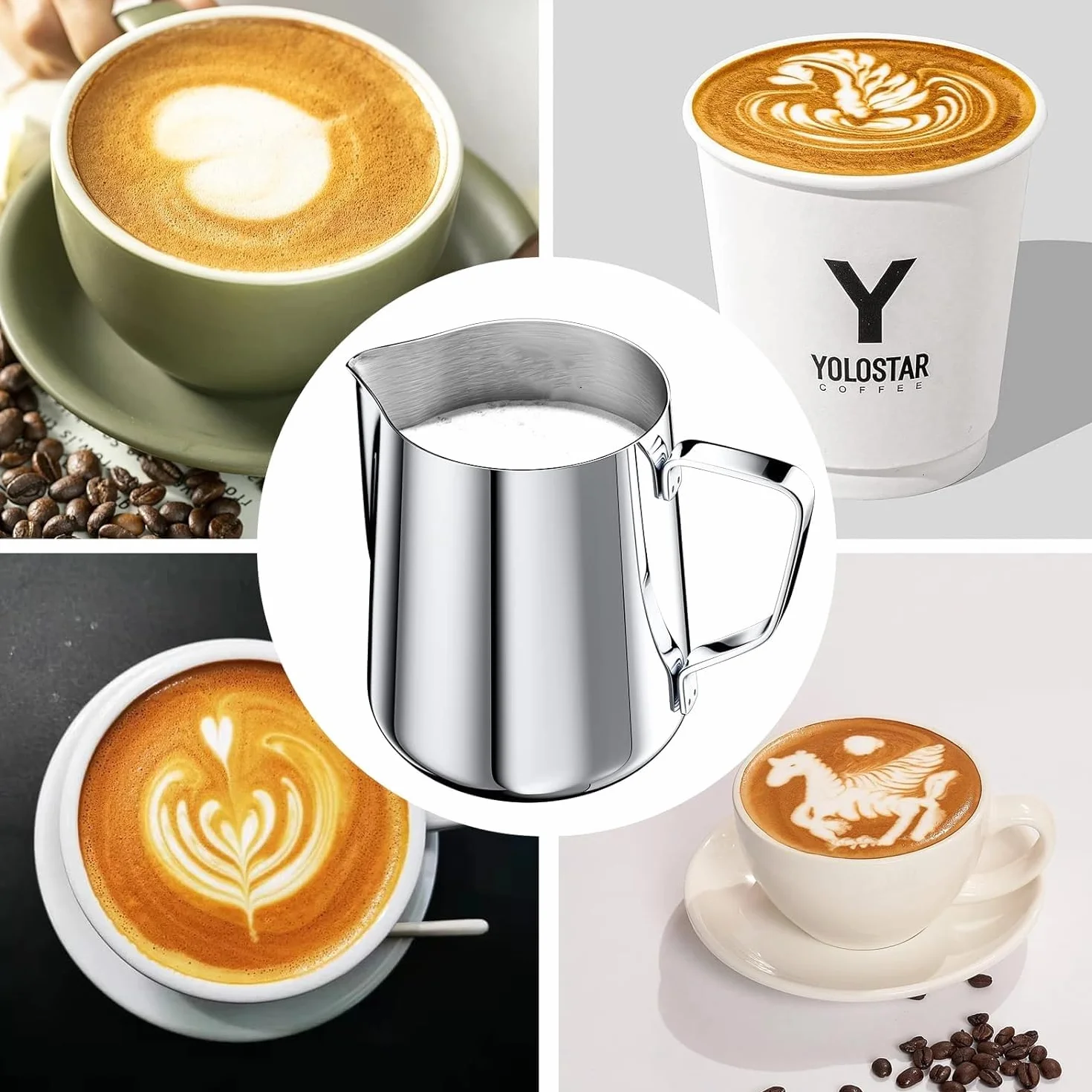 Dzbanek do mleka, 450 ml, stal nierdzewna 304, spieniacz do mleka, dzbanek do kawy, dzbanek do cappuccino, spieniacz do mleka, narzędzie barista, do domu, kawiarni, biura, srebrny