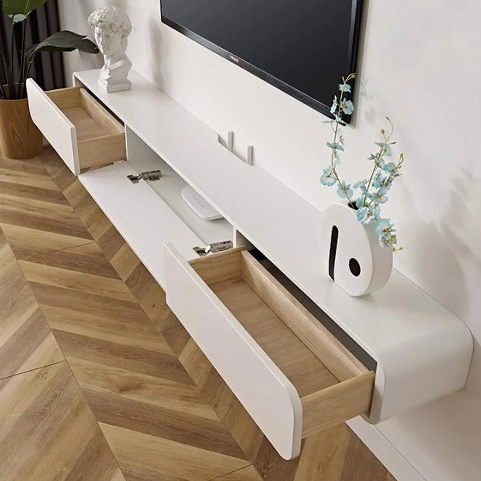 Wisząca półka pod telewizor Szafka pod TV Stolik pod TV Centrum Rozrywki Szafka do przechowywania Biurko Audio/Video Hutch Półka na elektronikę Podzespoły do ​​telewizora Witryny Półka do gier Biały