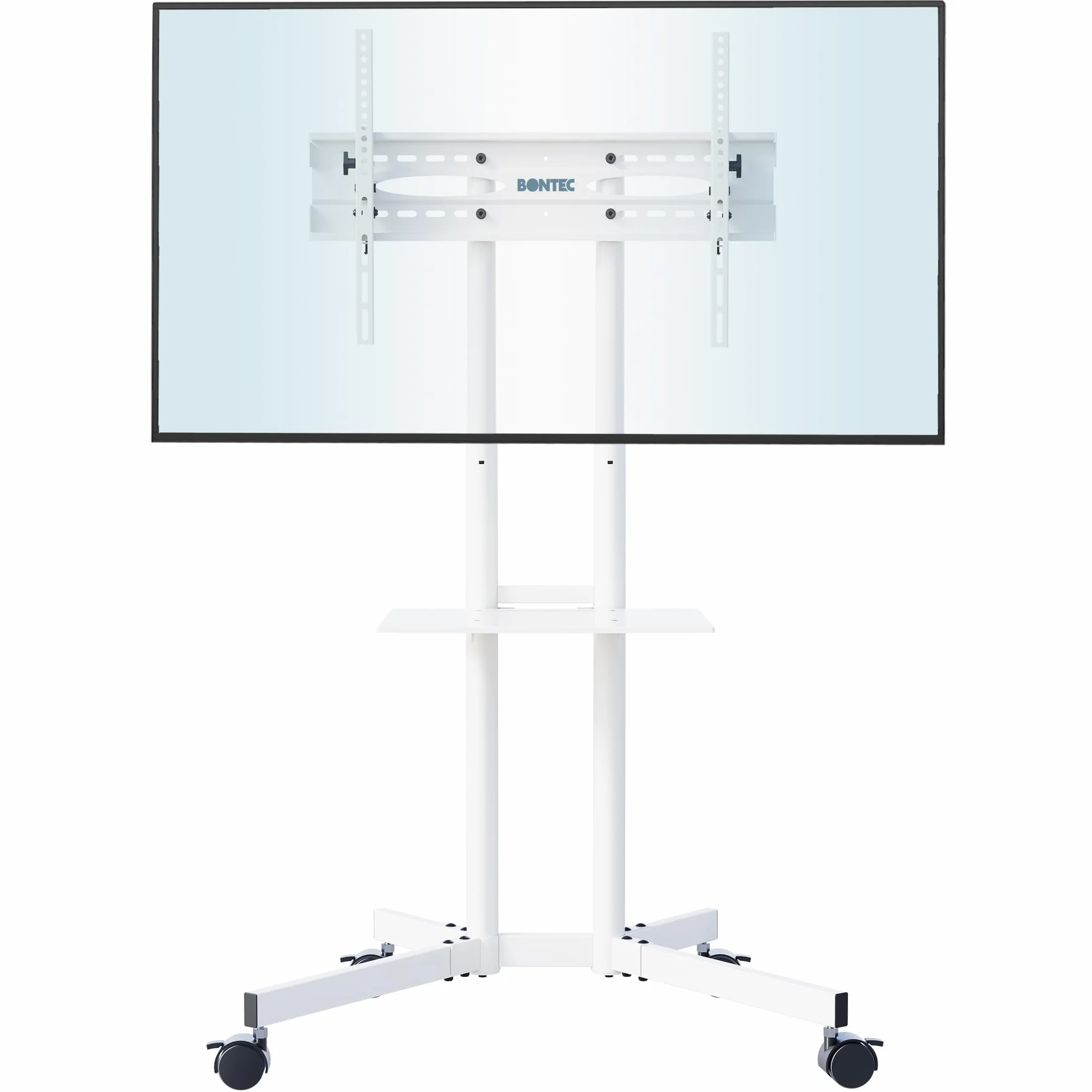 BONTEC Mobilny Stojak na Telewizor na Kółkach 32-85 cali, Regulowana Półka, 60 kg, VESA 600x400mm, Biały