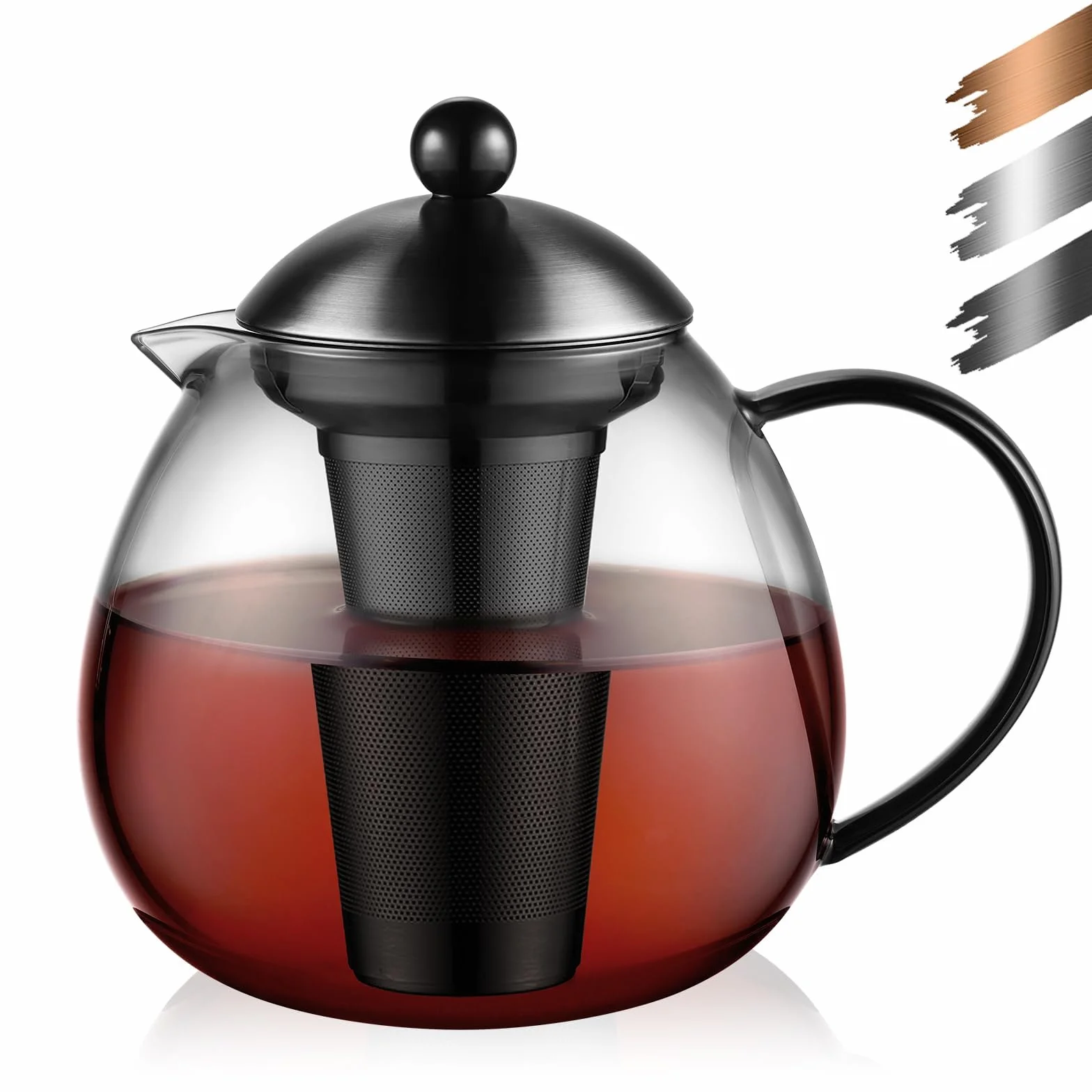 glastal Szklany czarny dzbanek do herbaty 1500 ml z sitkiem ze stali nierdzewnej 18/8 ze szkła borokrzemowego, szklany dzbanek do zaparzacza do herbaty