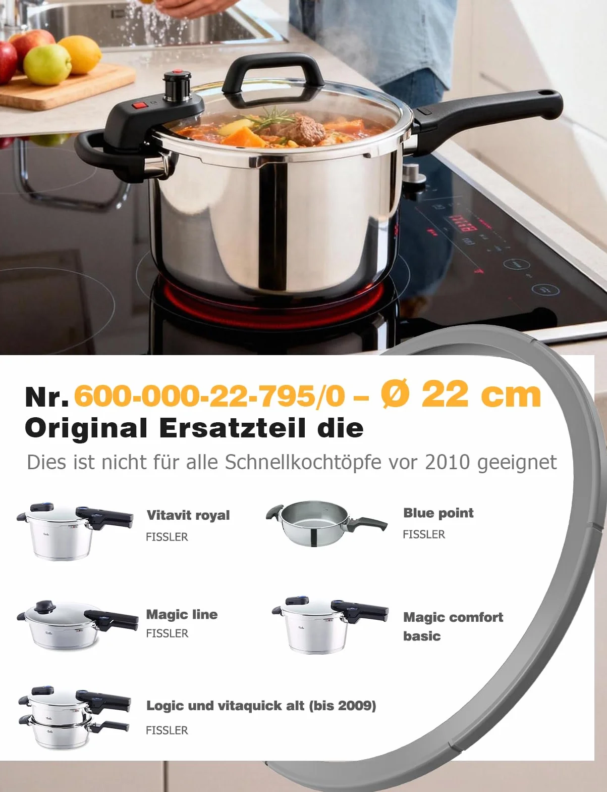 22 cm pierścień uszczelniający do szybkowaru, części zamienne do szybkowaru Fissler Blue Point, Vitavit Royal, Magic i Vitaquick do 2009 3866700201 3866700205 Ø 22 cm