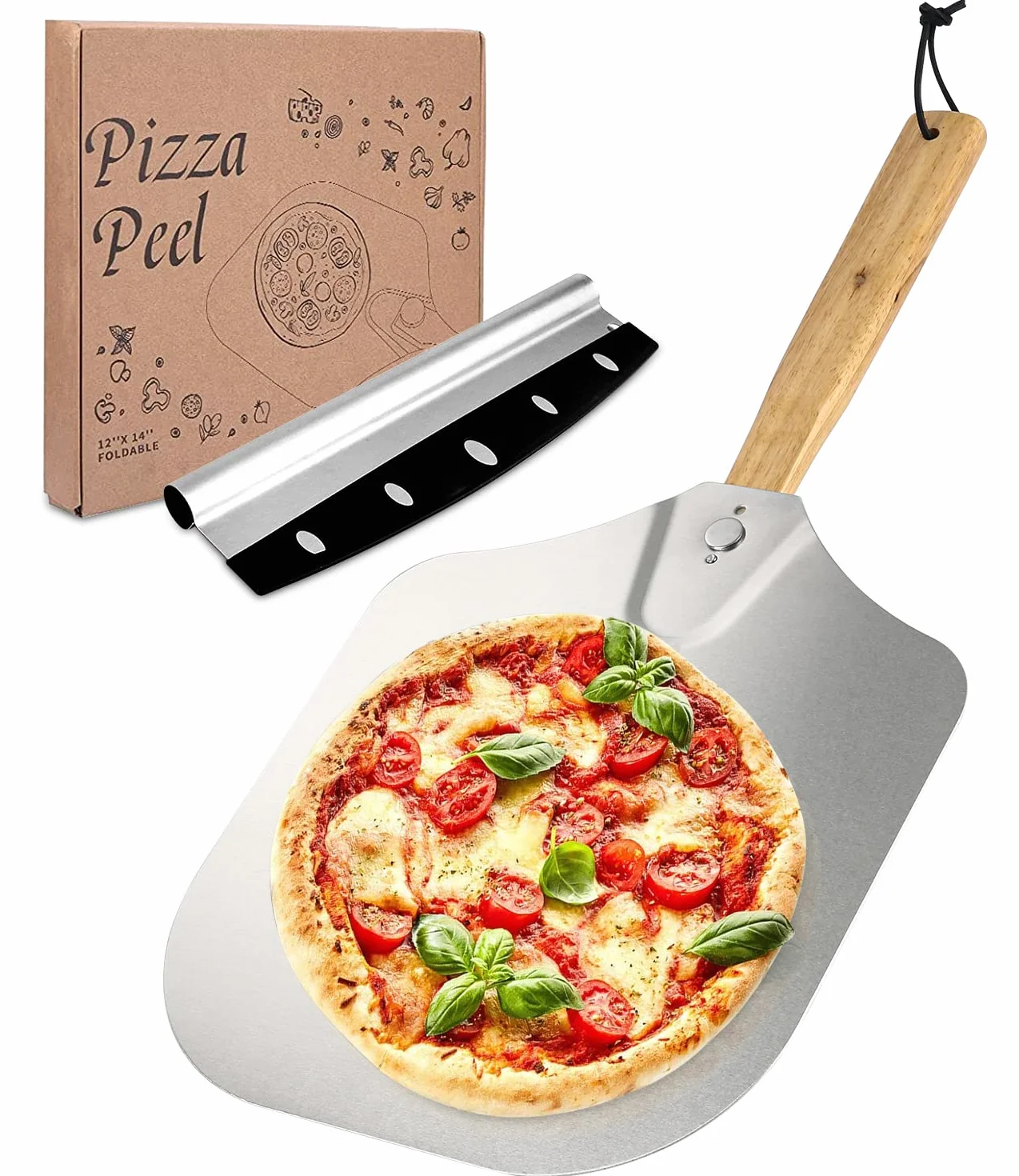 łopatka do pizzy XL, aluminium, grilla gazowego, z bardzo dużym nożem do pizzy, składany drewniany uchwyt