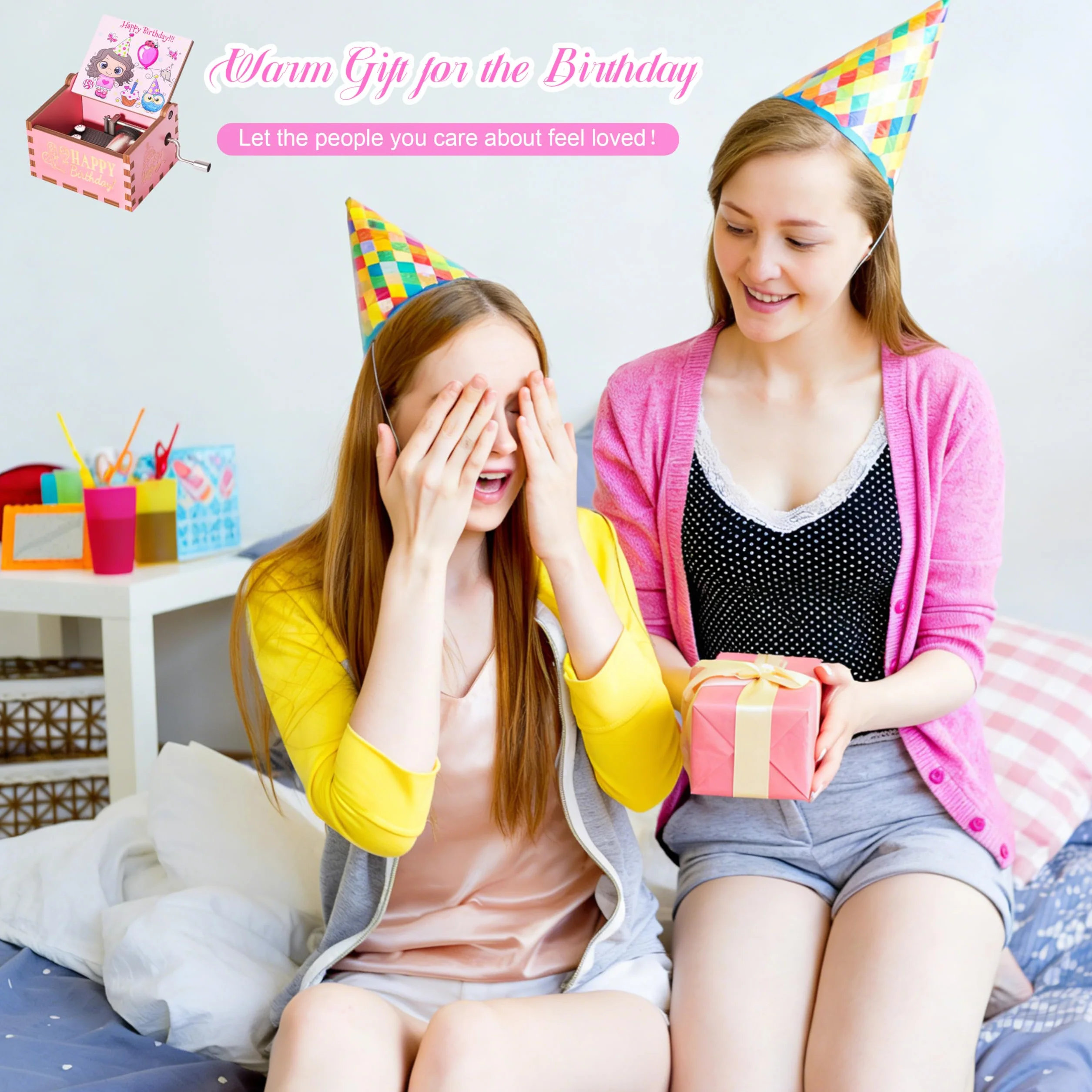 Różowa korba drewniana pozytywka z muzyką Happy Birthday Vintage Muzyczny prezent na urodziny rocznicę Boże Narodzenie dla dzieci przyjaciele