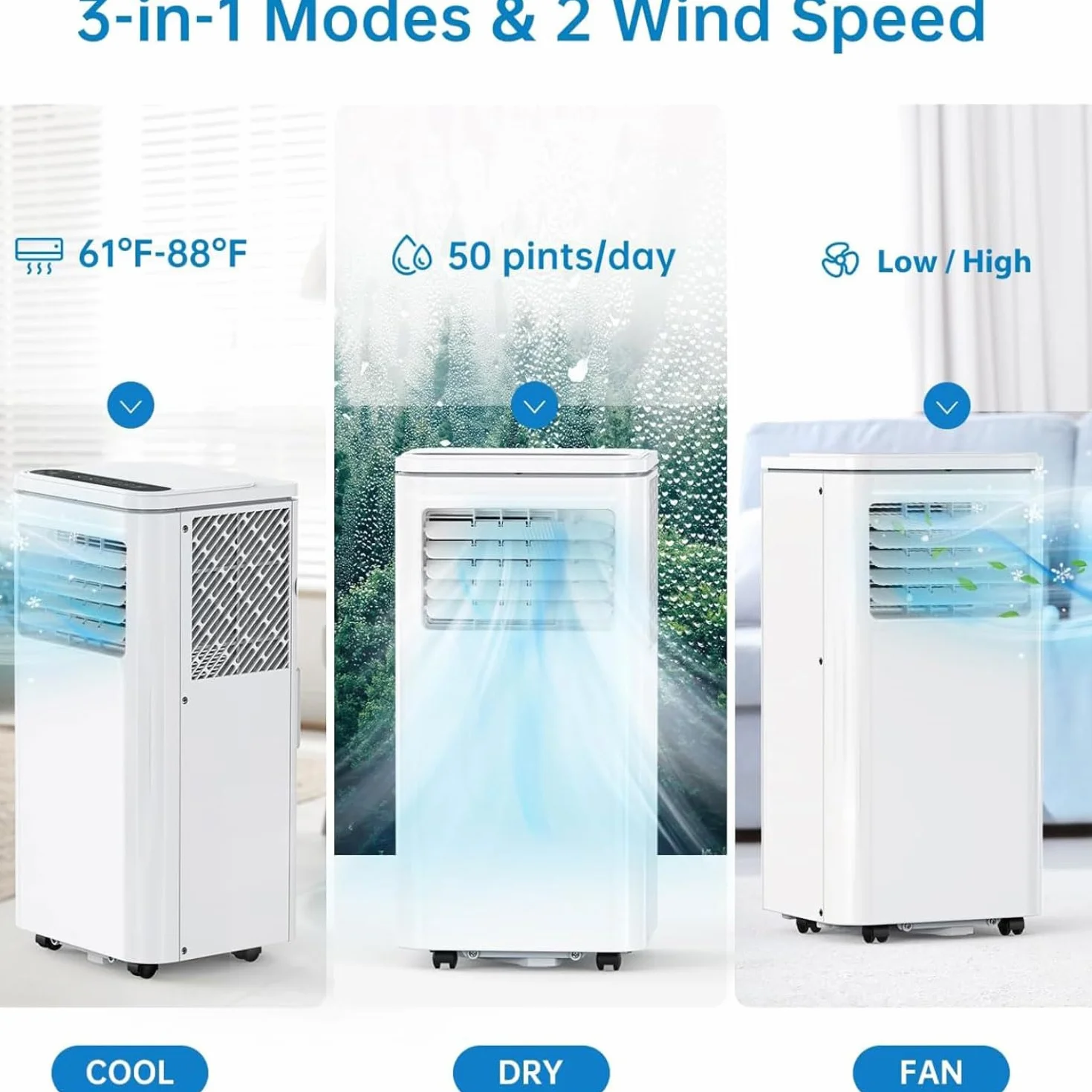 Przenośny klimatyzator 7000 BTU, chłodzi 350 m2, inteligentny klimatyzator z wentylatorem, osuszaczem, trybem uśpienia, timerem 24H, pilotem zdalnego sterowania i zestawem instalacyjnym