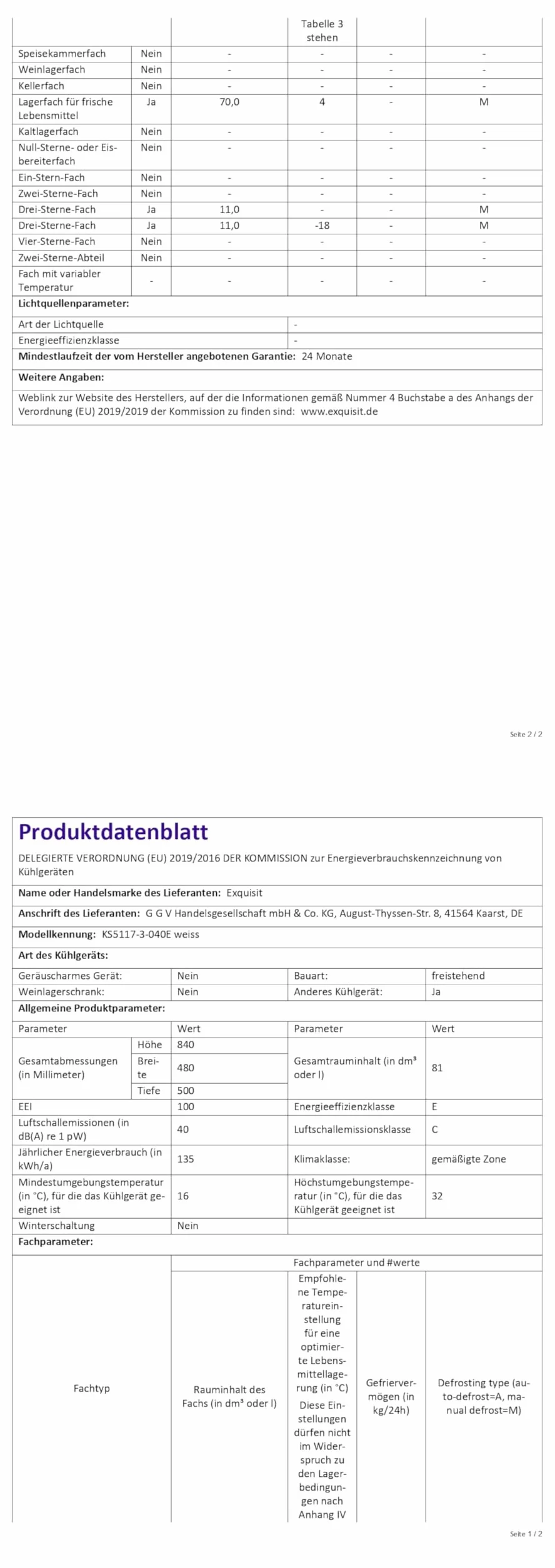 Exquisit Lodówka KS5117-3-040E biała | urządzenie stojące | pojemność 81 l | biała | szklane półki | wolnostojąca | światło LED | chłodzenie i zamrażanie | wymienne zawiasy drzwiowe | półka na warzywa