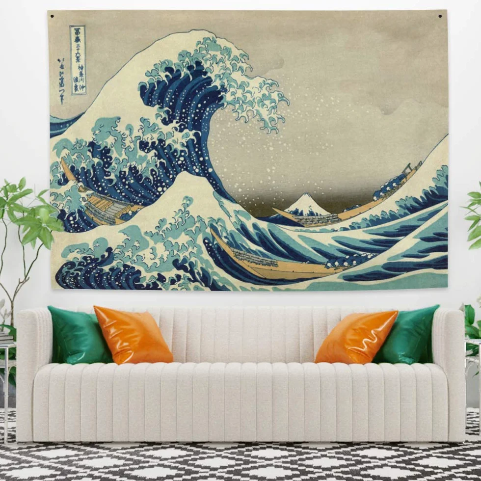 YONGFOTO 150 x 130 cm japoński gobelin Ukiyo-E, wielka fala wisząca na ścianie kanagawa łódź włókno poliestrowe gobelin na werandę dekoracja salon akademik narzuta na łóżko sztuka ścienna