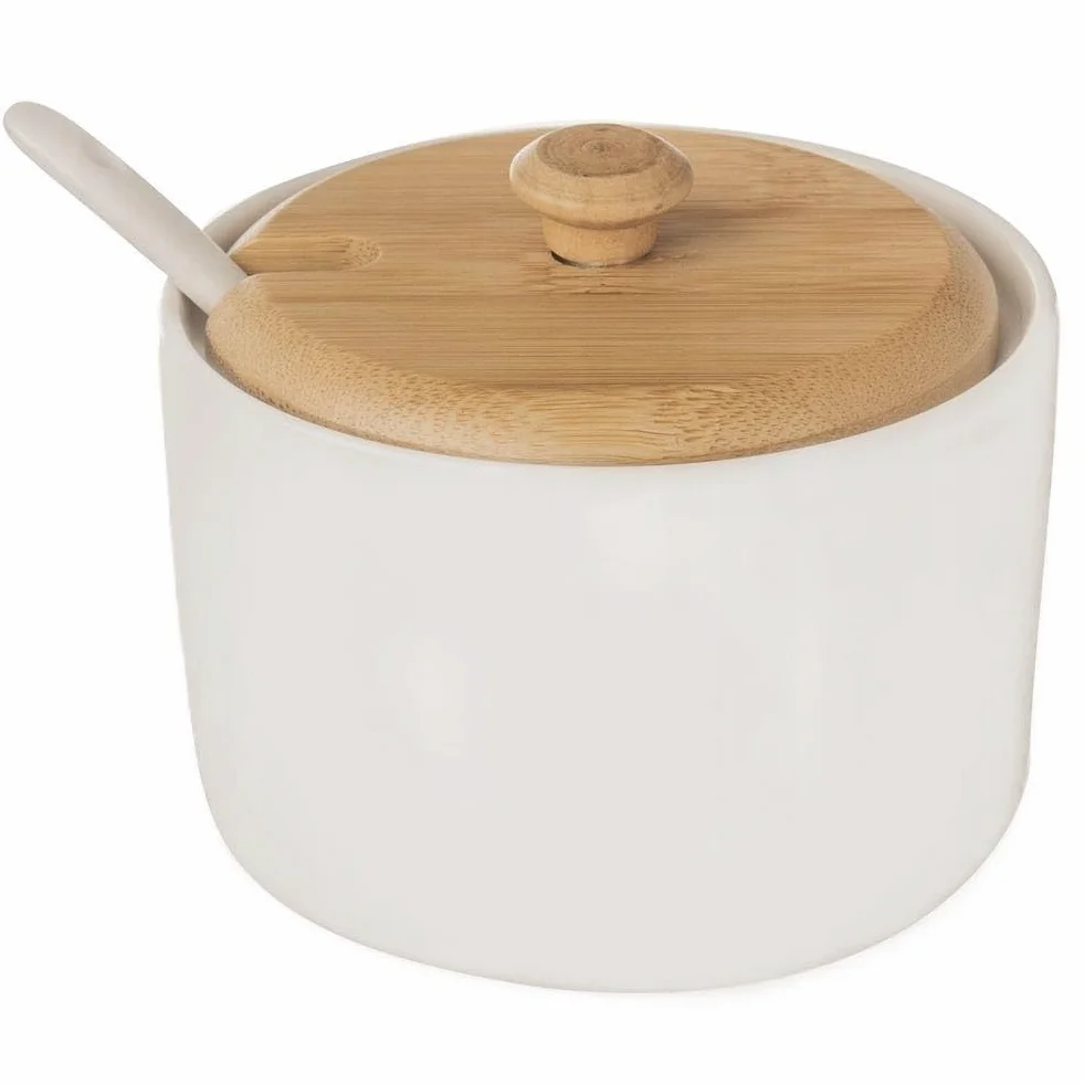 ORION GROUP Cukierniczka porcelanowa z pokrywką i łyżeczką | Wysokość 6,5 cm | Biała porcelana i drewno bambusowe | Ekologiczny pojemnik na cukier