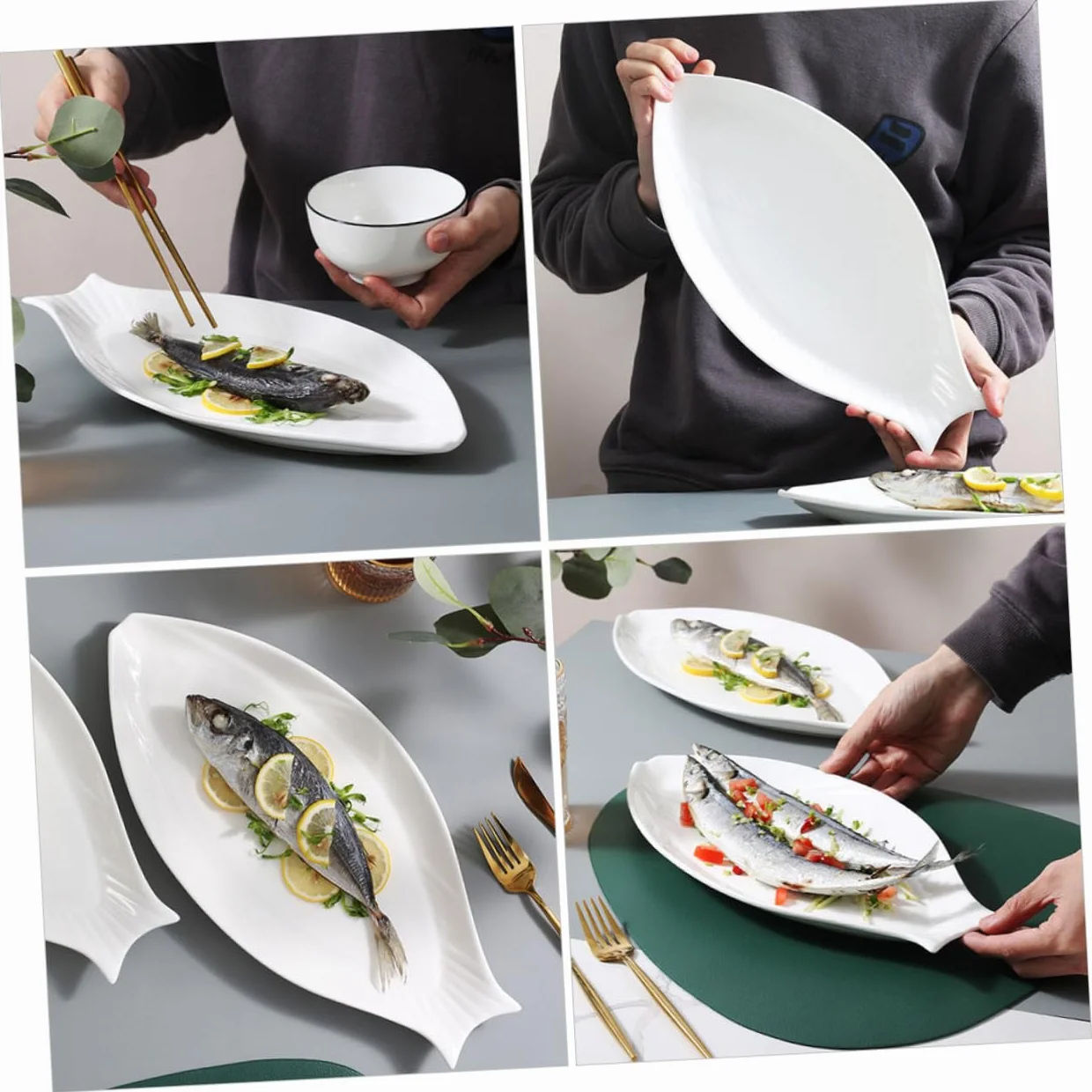 Biały talerz ceramiczny w kształcie ryby, trwała zastawa stołowa, wszechstronna taca do serwowania przystawek i deserów, idealna do użytku domowego, elegancka zastawa stołowa do rozrywki