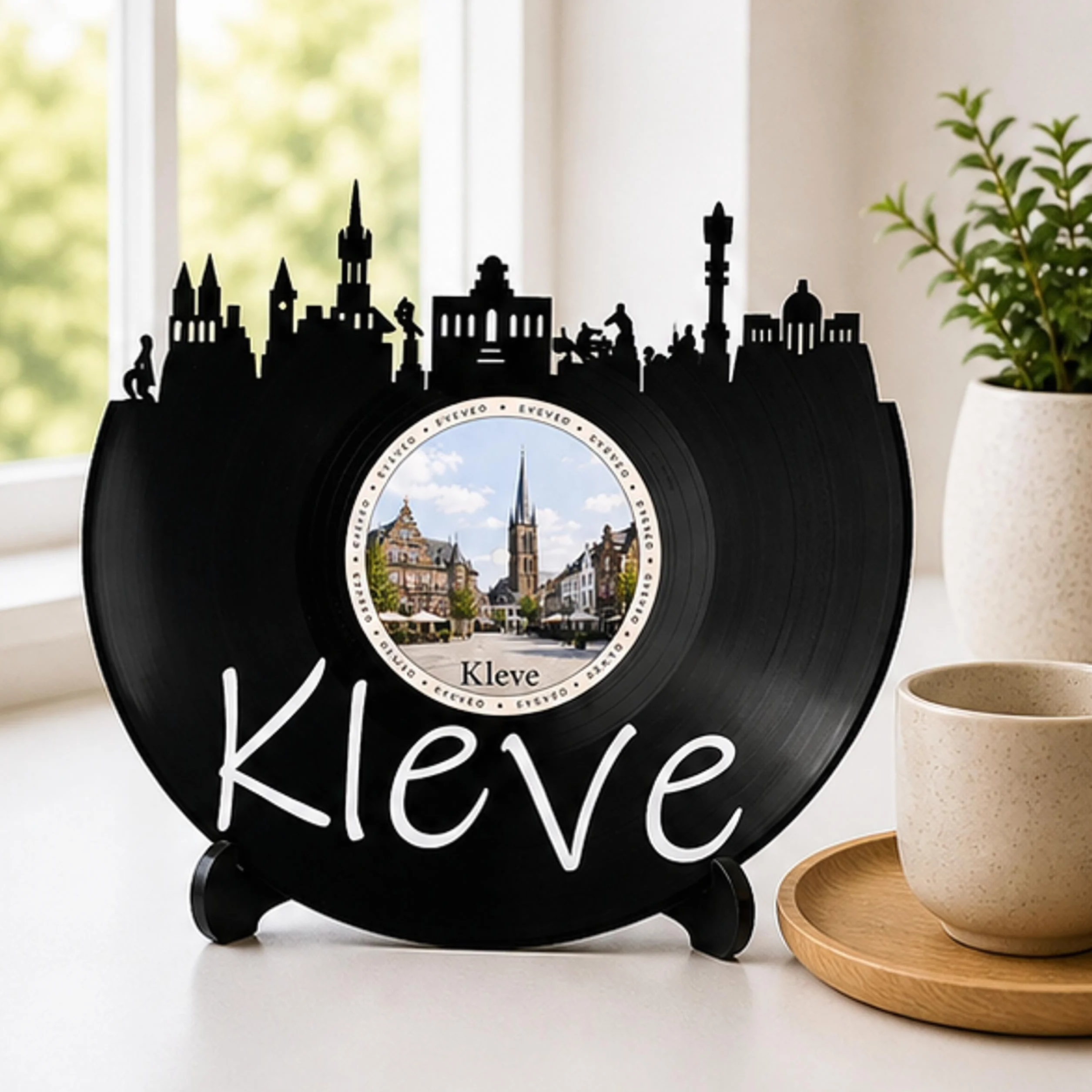 EVEVO Dekoracja ścienna z płyty gramofonowej Kleve – winylowa sztuka ścienna Niederrhein Skyline, prezent dla fanów Kleve, Schwanenburg Heimat-Labienburg D0028