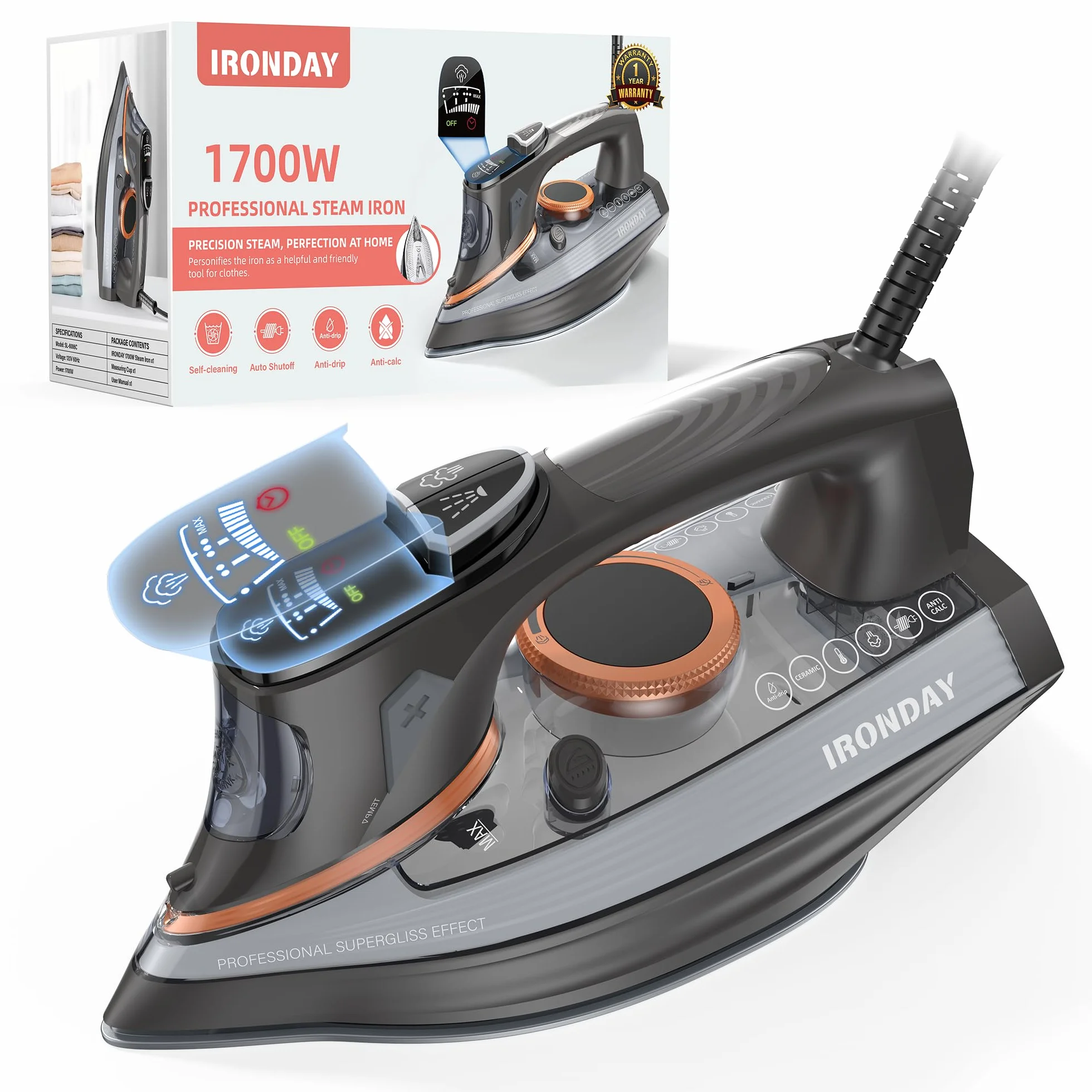 Ironday - Żelazko parowe 1700 W do samoczyszczących ubrań