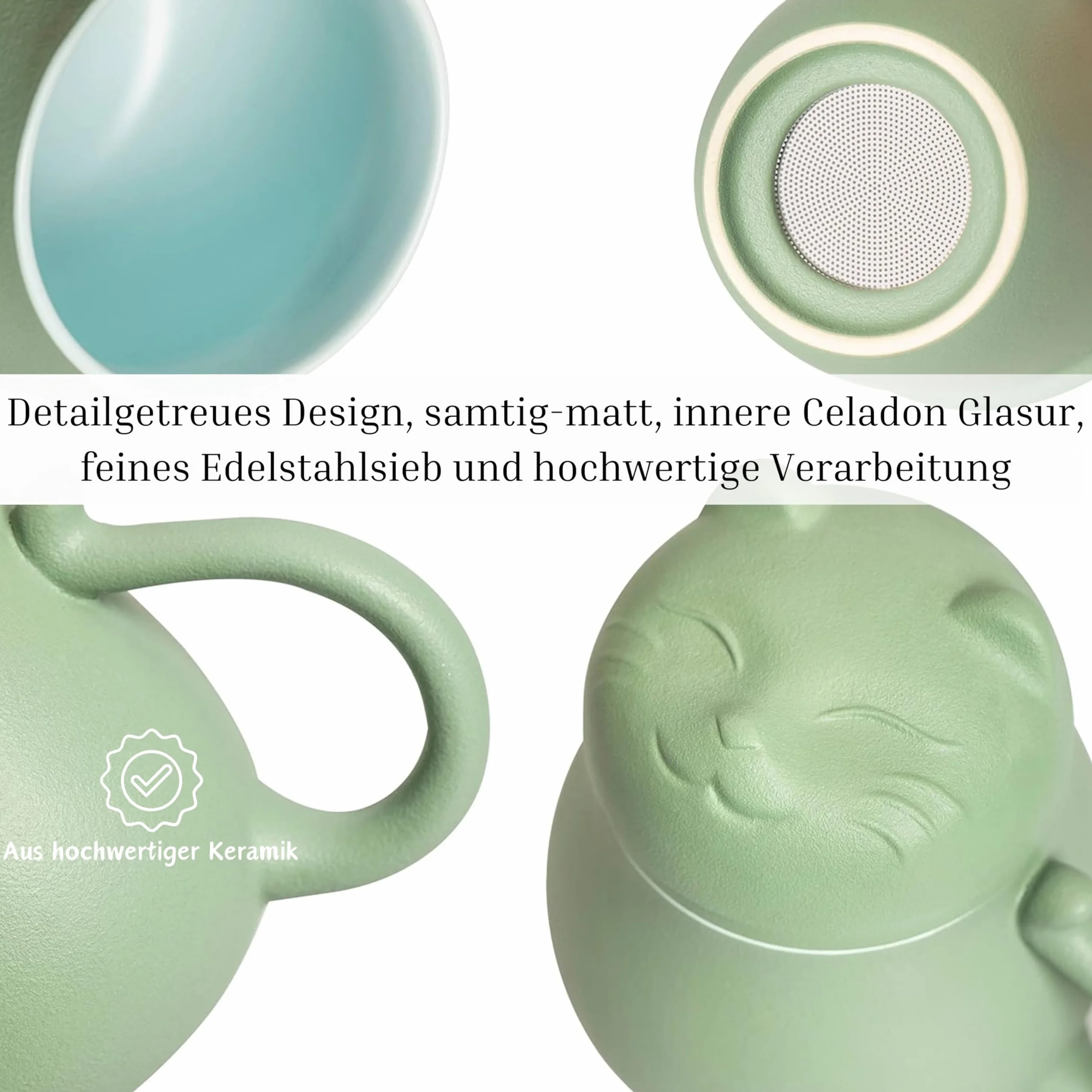 Ceramiczna filiżanka do herbaty, 400 ml, kompletny zestaw z pokrywką i sitkiem, wzór kota, na luźne liście i zioła, praktyczny prezent dla rodziny - zielony