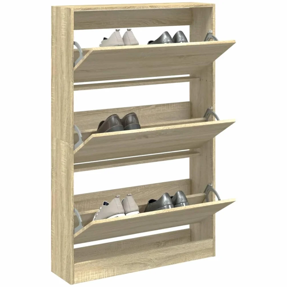 Szafka na buty dąb Sonoma z materiału drewnopochodnego 80 x 21 x 125,5 cm z 3 półkami, zajmuje mało miejsca, do korytarza, przedpokoju, wejścia, schowka, regał na buty, organizer