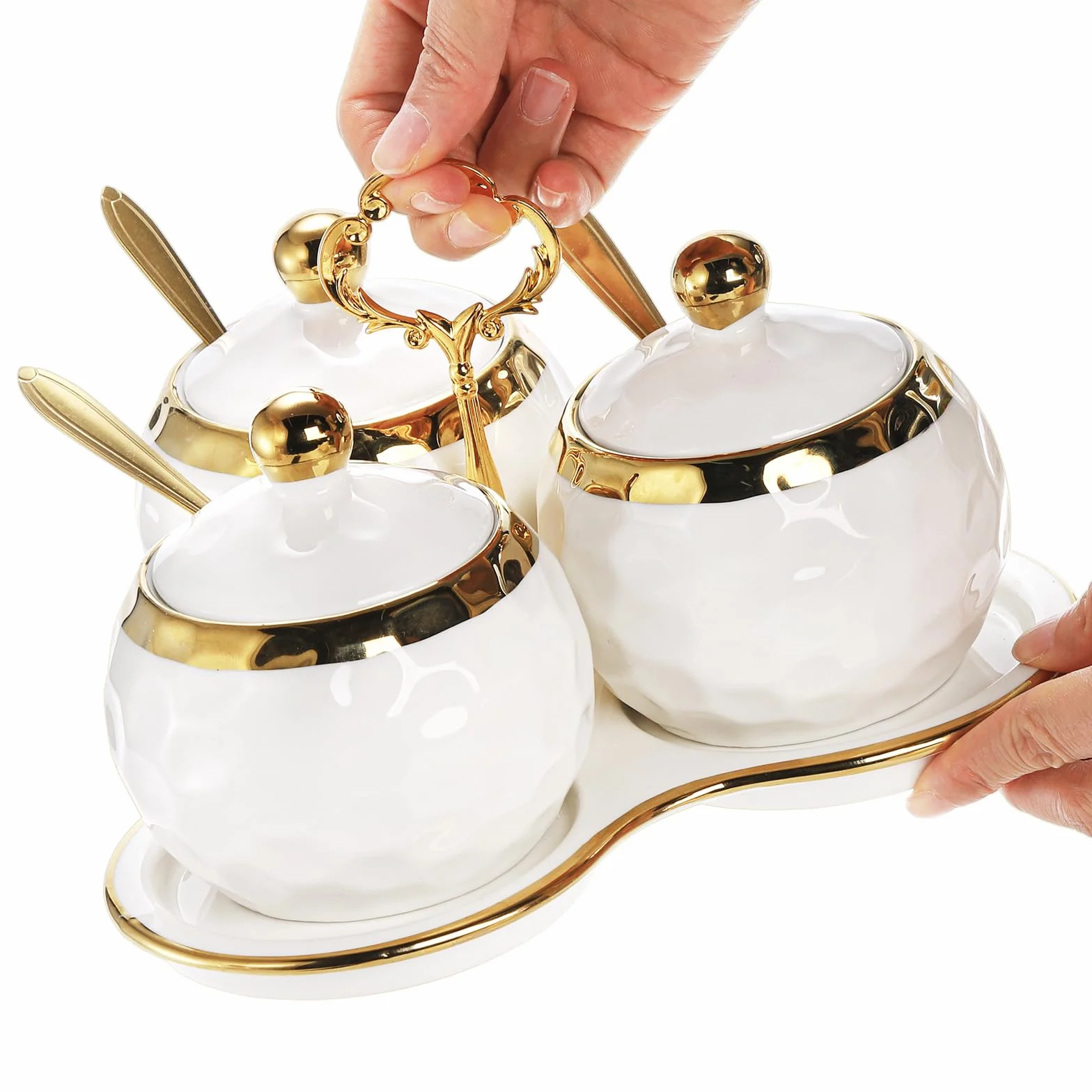 Foraineam Porcelanowy garnek na przyprawy, cukiernica, słoiki na przyprawy z pokrywką, łyżką i tacą, pojemnik na sól, pojemniki na przyprawy, zestaw białych misek na cukier, do kuchni, restauracji,