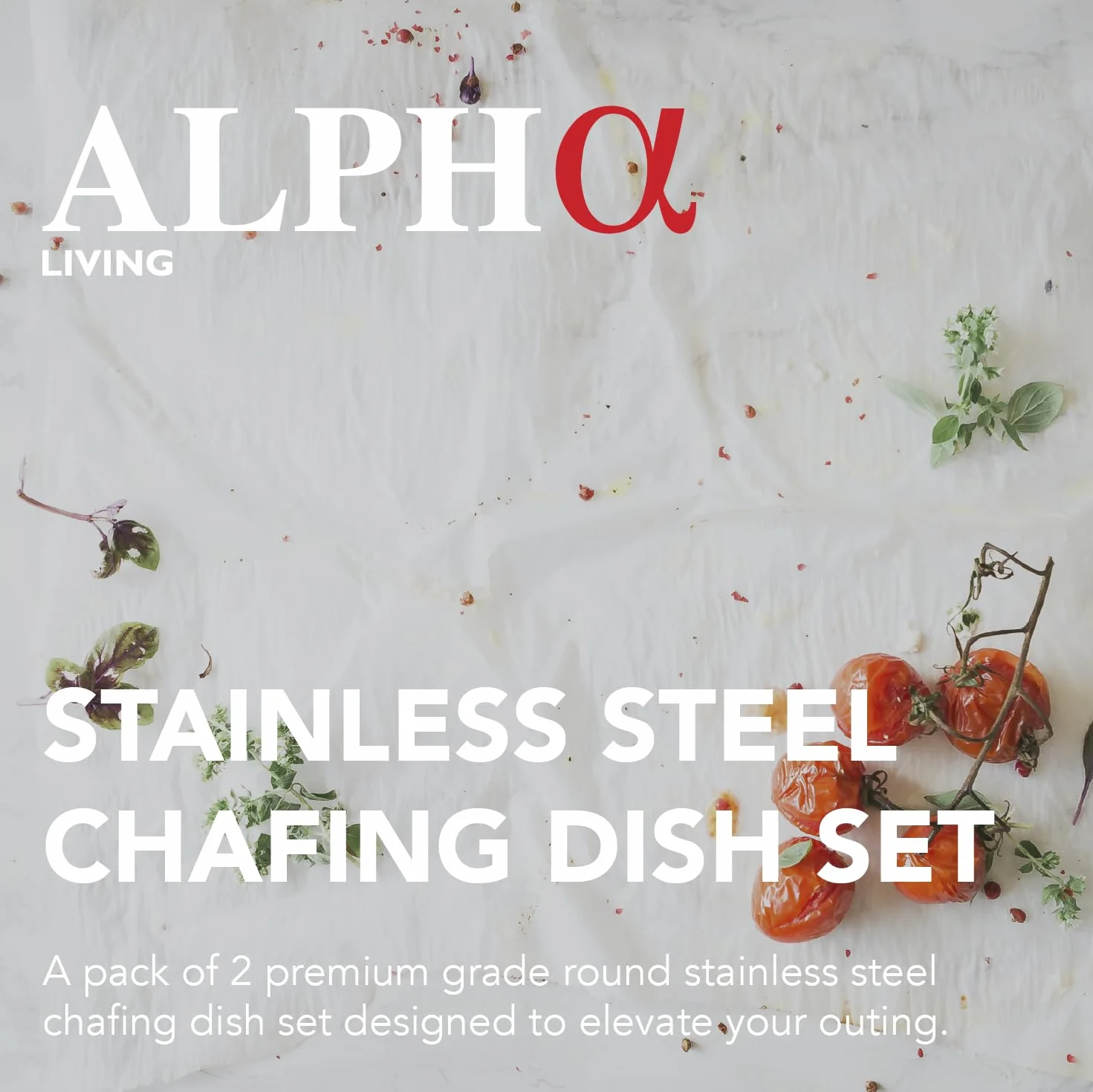 ALPHA LIVING 70012-R Zestaw 2 naczyń – kompletny zestaw ze stali nierdzewnej ze szklanymi pokrywkami, uchwyt na paliwo, eleganckie i praktyczne tace podgrzewające do bufetu, na ślub, artykuły