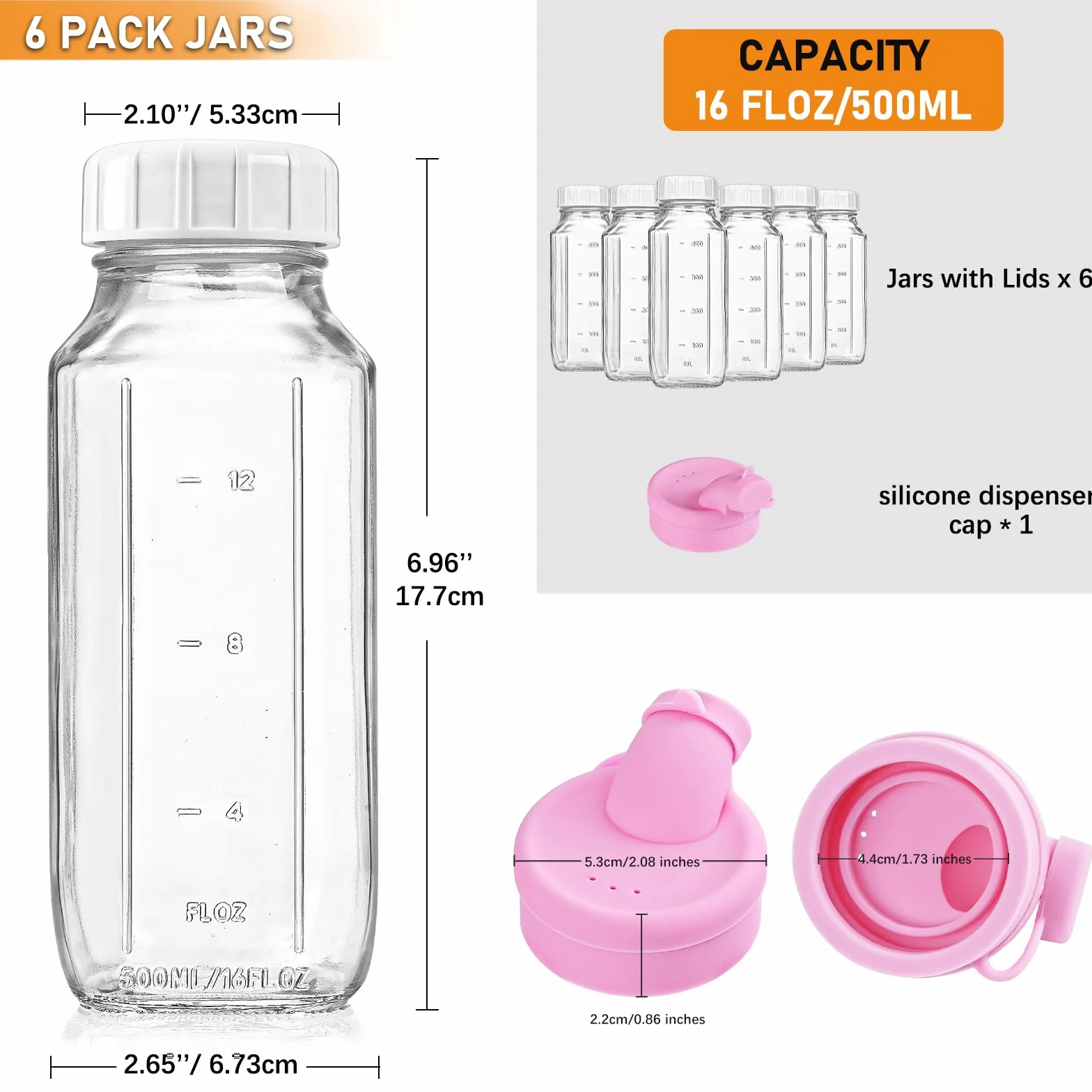 Kwadratowe szklane butelki na mleko o pojemności 470 ml z silikonową osłoną, 6-pak szklanych butelek do wyciskania soku z hermetycznymi pokrywkami, szklane butelki do picia z pokrywkami i znacznikiem