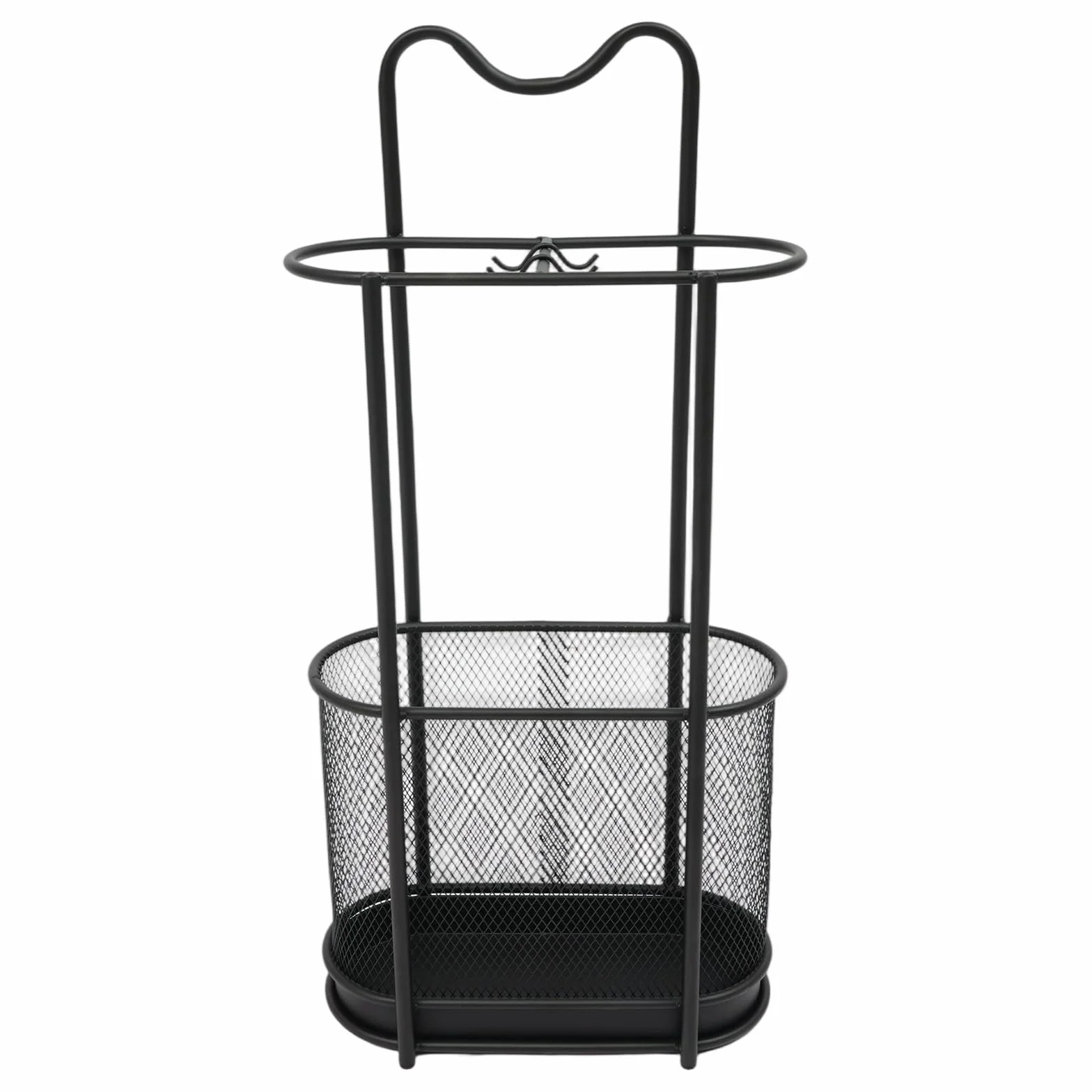 Stojak na parasole z metalu, stalowy stojak na parasole z hakiem i tacką odpływową, wolnostojący uchwyt na parasol, do wejść, balkonów, biur, sklepów, 30 x 15 x 60 cm (czarny)