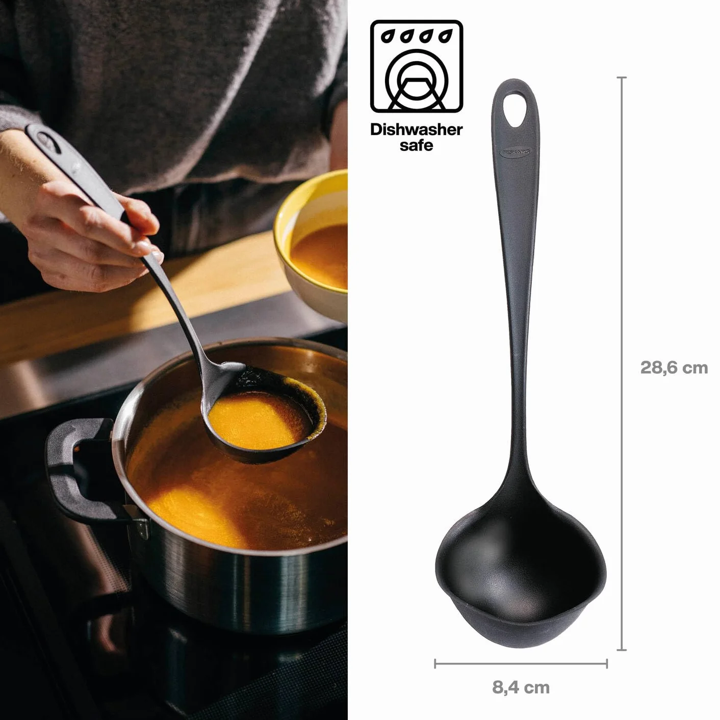 Fiskars Łyżka do zupy z niekapiącym brzegiem, Essential, Plastik, Długość: 28 cm, Pojemność: 100 ml, Dla prawo- i leworęcznych, Czarna, 1065594