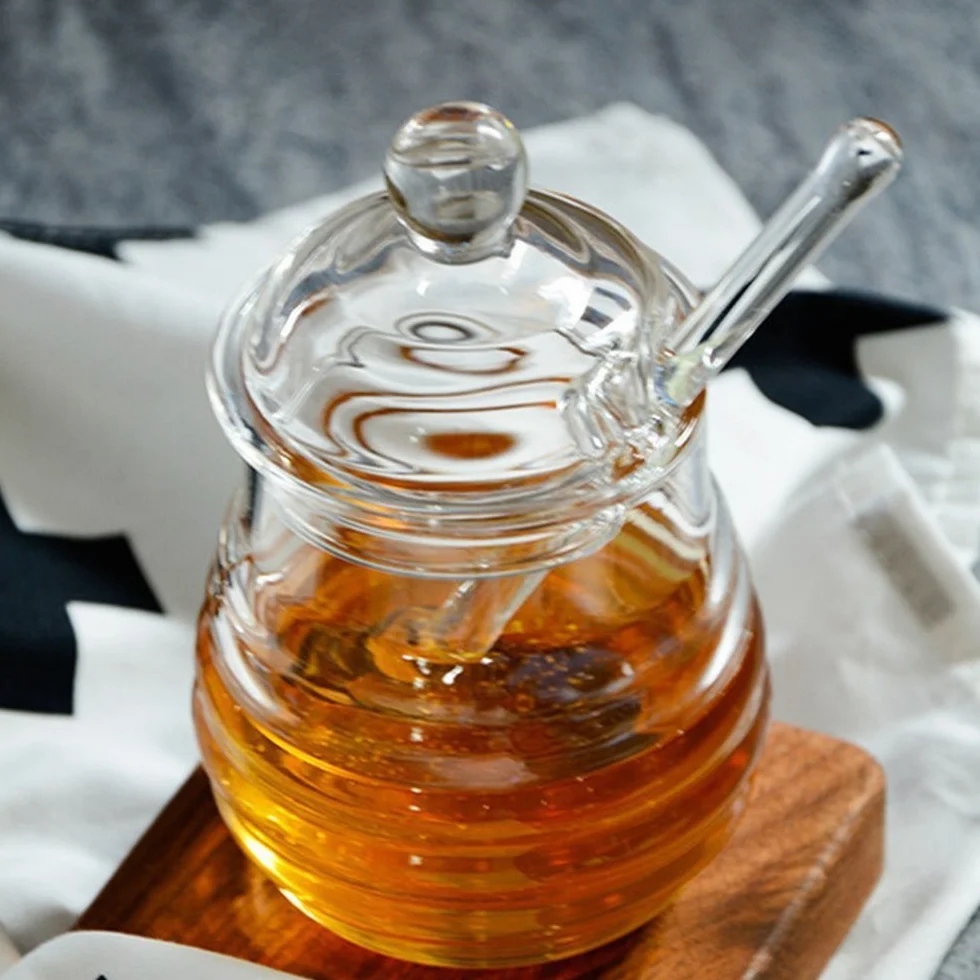 Mkouo Glass Honey Jar with Dipper Transparent Honey Pot 265 ml, 9 Ounces