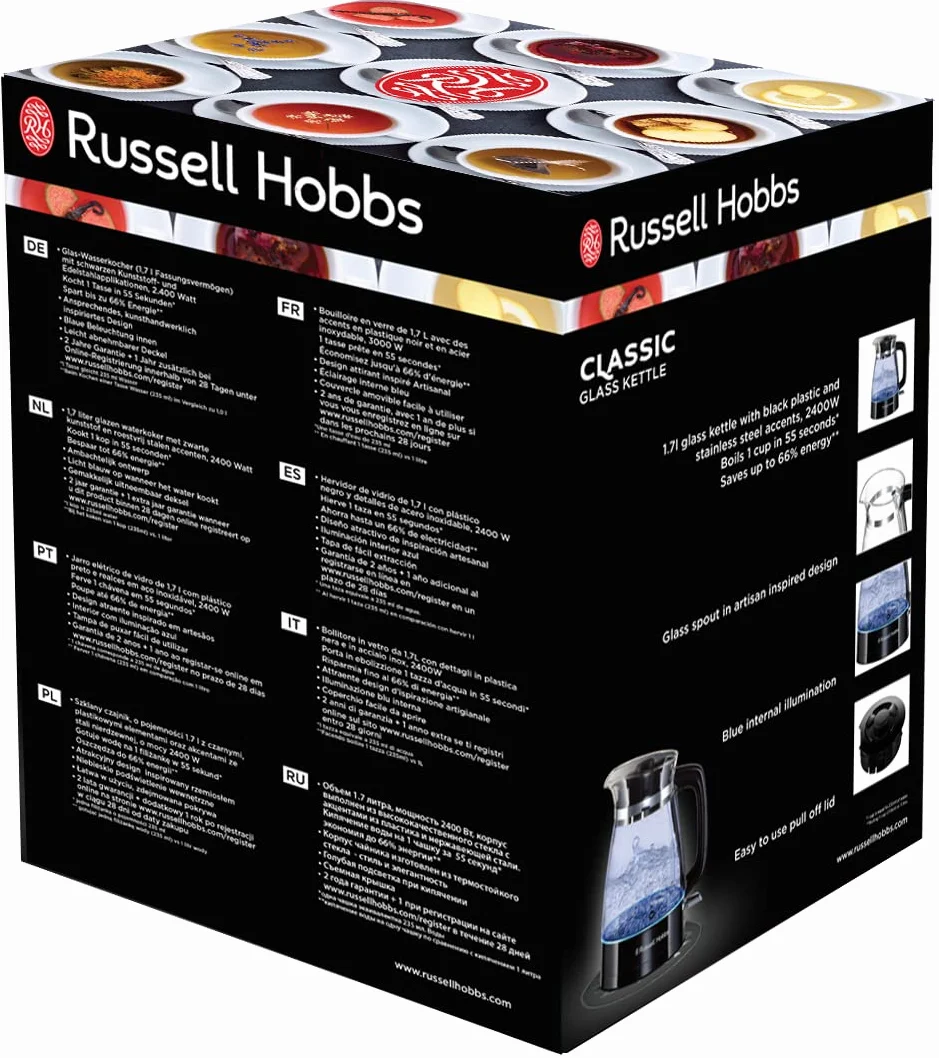 Russell Hobbs czajnik elektryczny, energooszczędny, wymienny filtr antywapienny, markery szybkiego gotowania, zdejmowana pokrywa, pojemność 1,7l, moc 2400W, szkło, czarny, Classic 26080-70