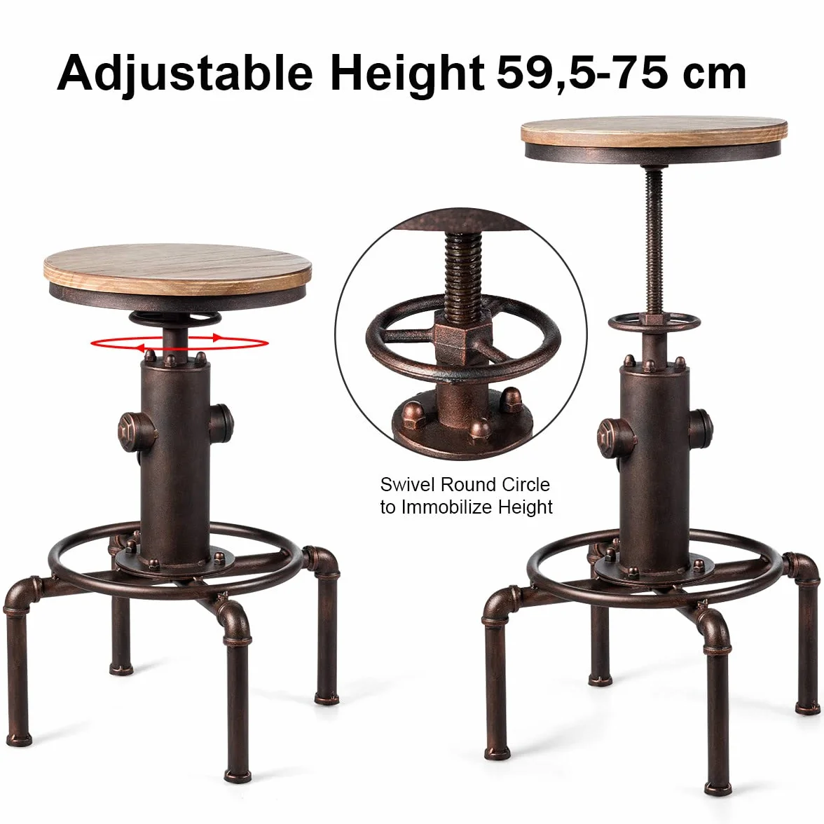 COSTWAY Stołek barowy z regulacją wysokości 59,5-75 cm drewno metal podnóżek płyta sosnowa vintage