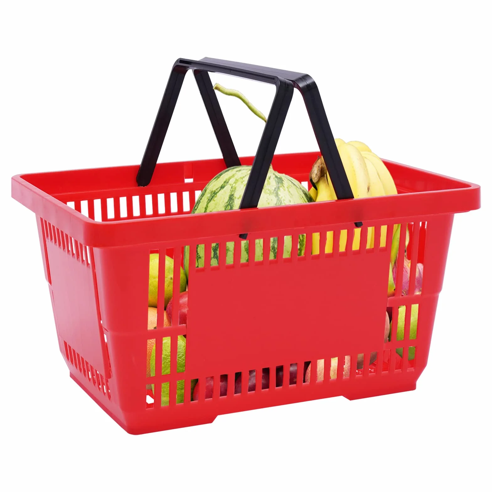 Plastikowy koszyk na zakupy czerwony z uchwytem do noszenia, zestaw 12 sztuk, 18 l | Koszyk na zakupy z możliwością układania w stos, przenośny kosz z tworzywa sztucznego z uchwytem, do 10 kg, czerwony