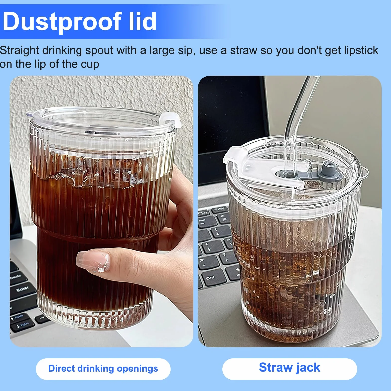 2 sztuki szklanego kubka o pojemności 400 ml z pokrywką i słomką, szklany kubek na smoothie ze słomką, szczelny, wodoodporny kubek podróżny na kawę, kubek na mrożoną kawę