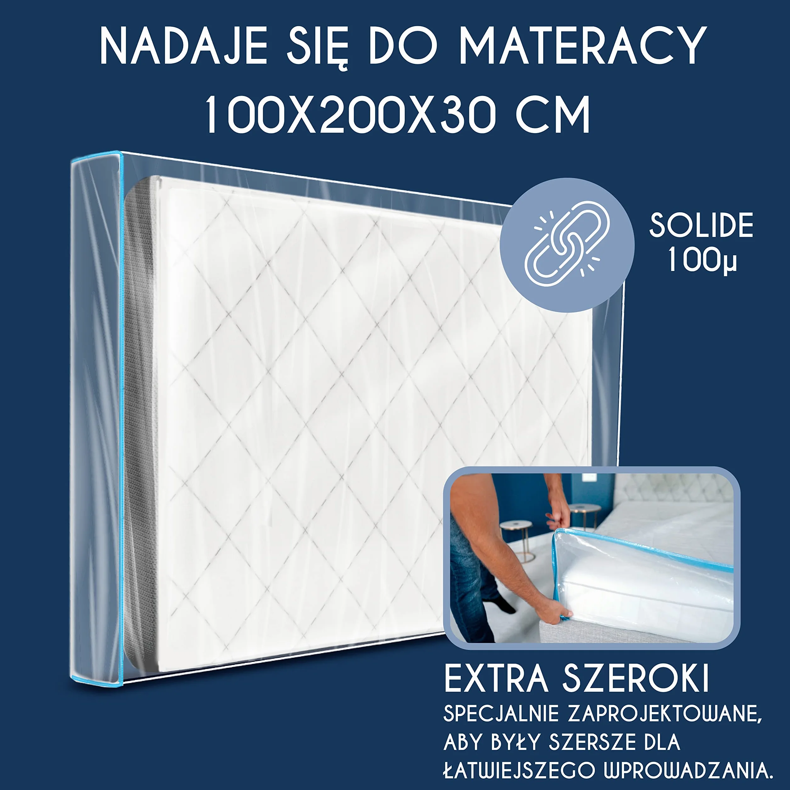 Plastikowy pokrowiec ochronny na materac 100x200 cm 30 cm z dużym zamkiem błyskawicznym