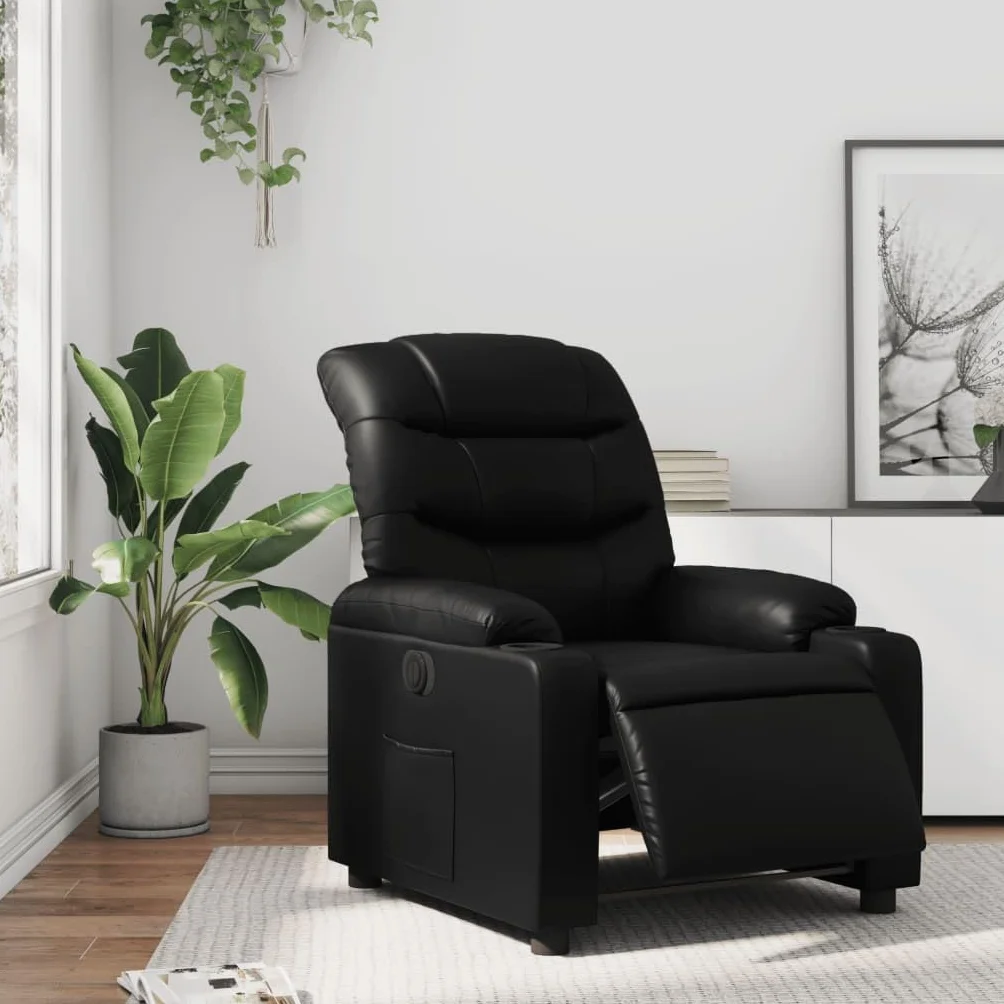 Fotel relaksacyjny elektryczny z funkcją leżenia, czarny, sztuczna skóra, 75,5 x 93 x 99,5 cm, regulowany, z podłokietnikami i oparciem, do salonu, biura, kącik do czytania, ergonomiczny