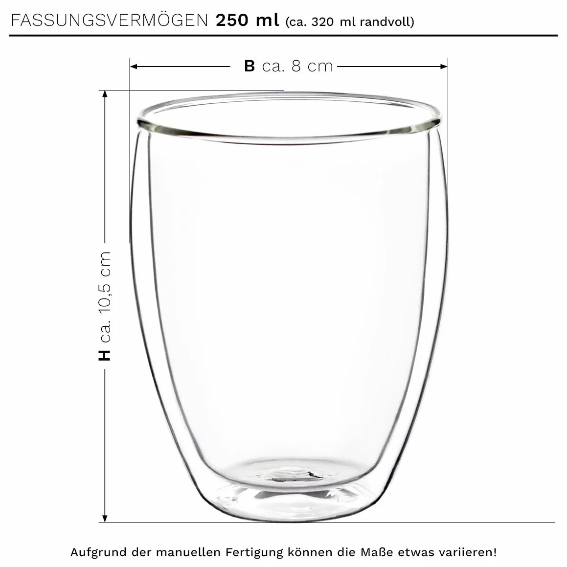 Creano Szklanki termiczne z podwójnymi ściankami, 250 ml, zestaw 12 sztuk, duże szklanki z podwójnymi ściankami, ze szkła borokrzemowego, szklanki do kawy, szklanki do herbaty, latte macchiato