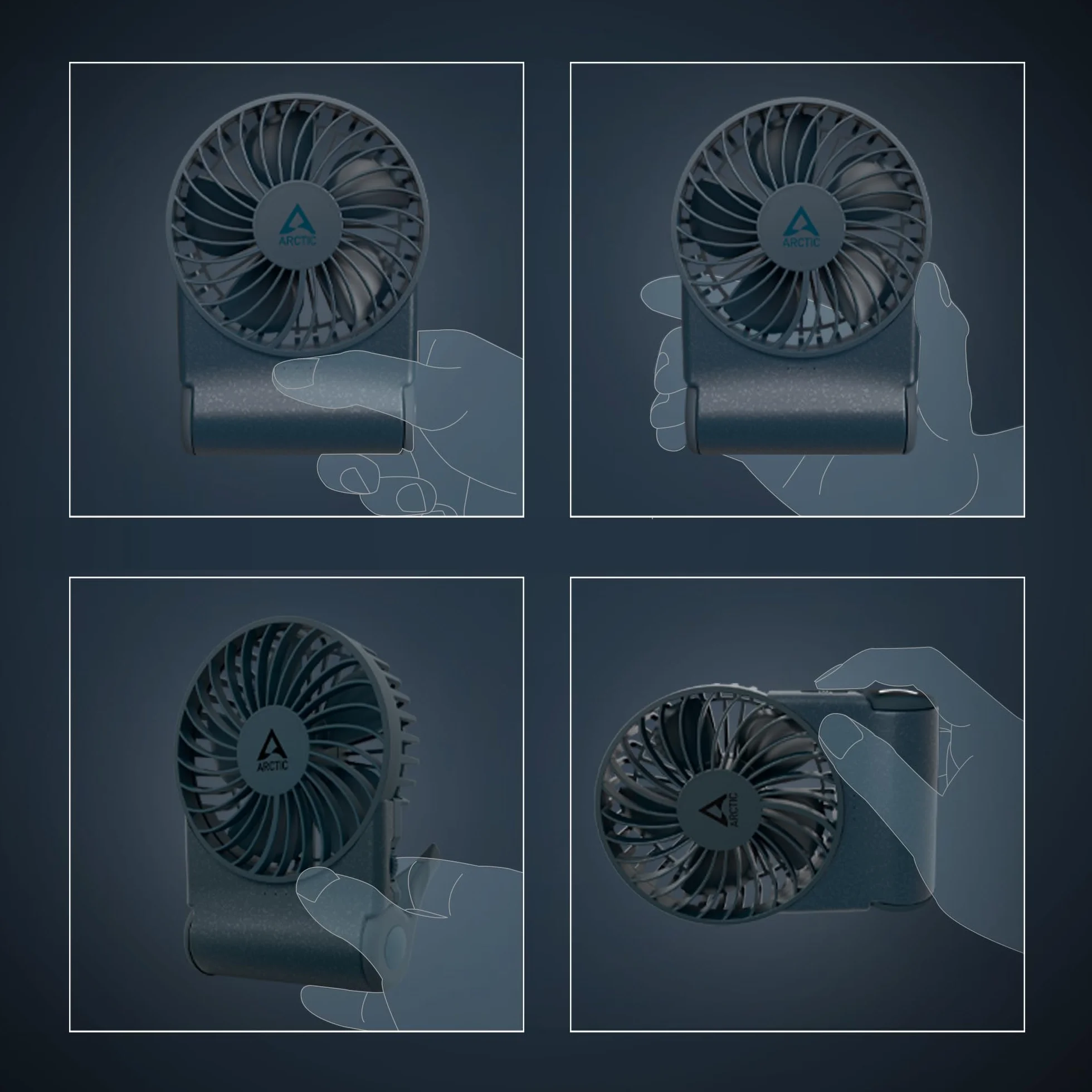 ARCTIC Summair 2Go (Dark Blue) - Wentylator Kieszonkowy z Akumulatorem i Stojakiem, Bezstopniowa Regulacja Prędkości, Czas Pracy 4-70 h, Połączenie USB-C (w tym Kabel USB-A) - Niebieski