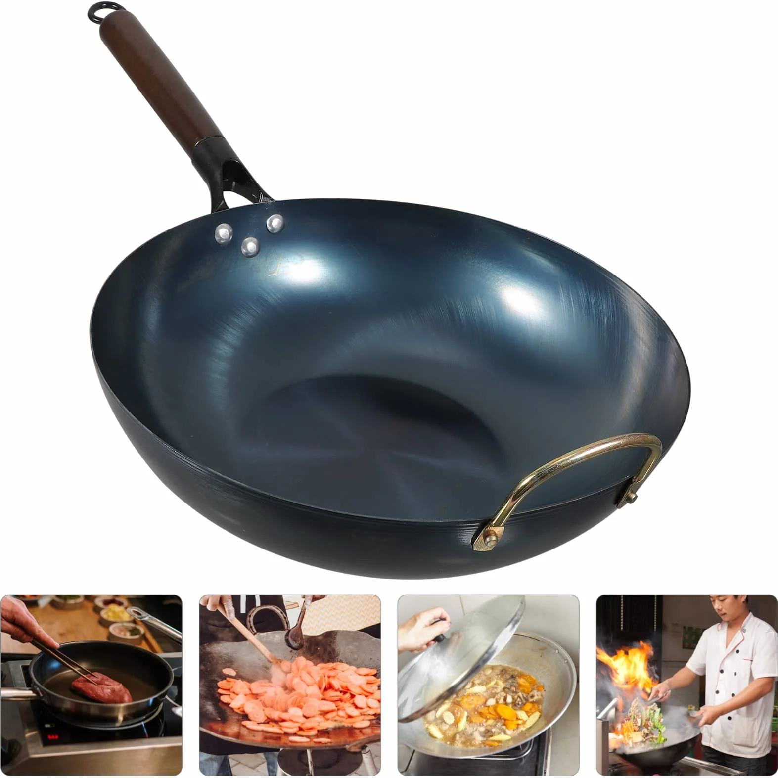 Wielofunkcyjna Patelnia Wok Żeliwna z Drewnianym Uchwytami Tradycyjna Patelnia Do Gotowania Idealna Do Domowego Użytku Gładkie Dno Dla Równomiernego Rozkładu Ciepła