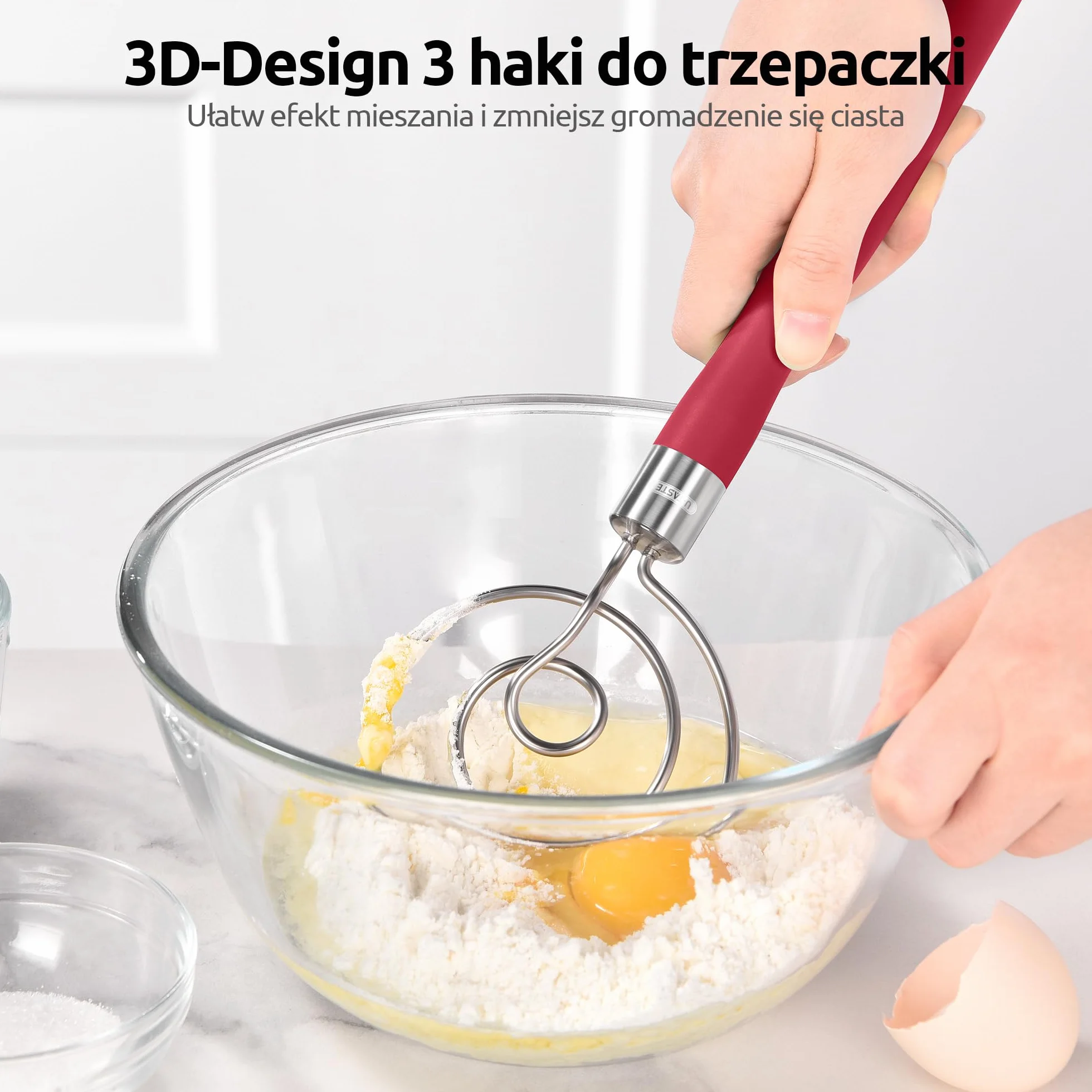 U-Taste Duńska trzepaczka do ciasta: trzepaczka do ciasta ze stali nierdzewnej 18/8, ręczna maszyna do pieczenia chleba o jakości spożywczej z antypoślizgowym silikonowym uchwytem do pieczenia