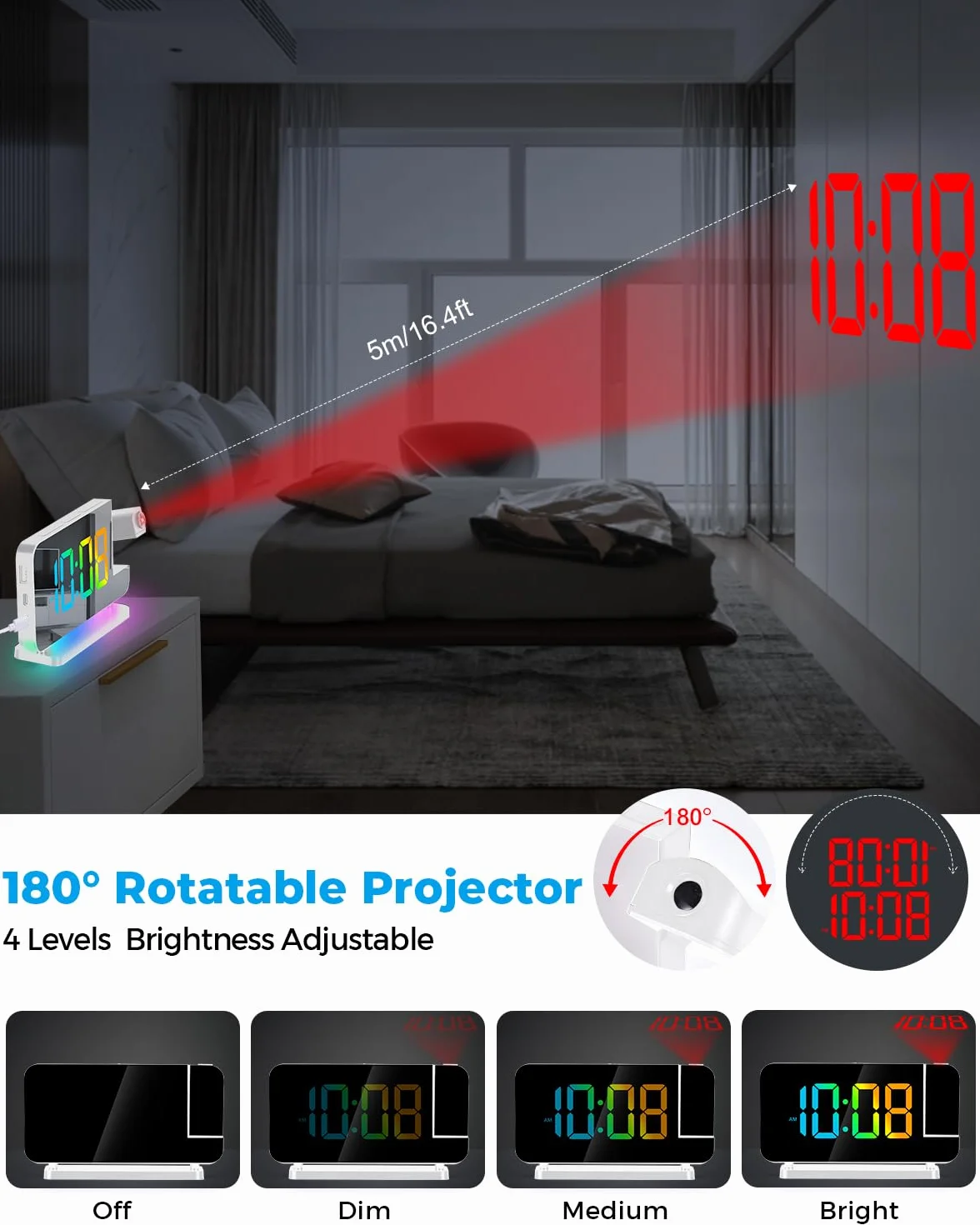 SZELAM Budzik z projektorem, 18,7 cm LED, lustrzany, duży wyświetlacz, z projektorem obracanym o 180°, lampka nocna RGB, złącze USB C, nowoczesny zegar biurkowy do dekoracji sypialni – biały