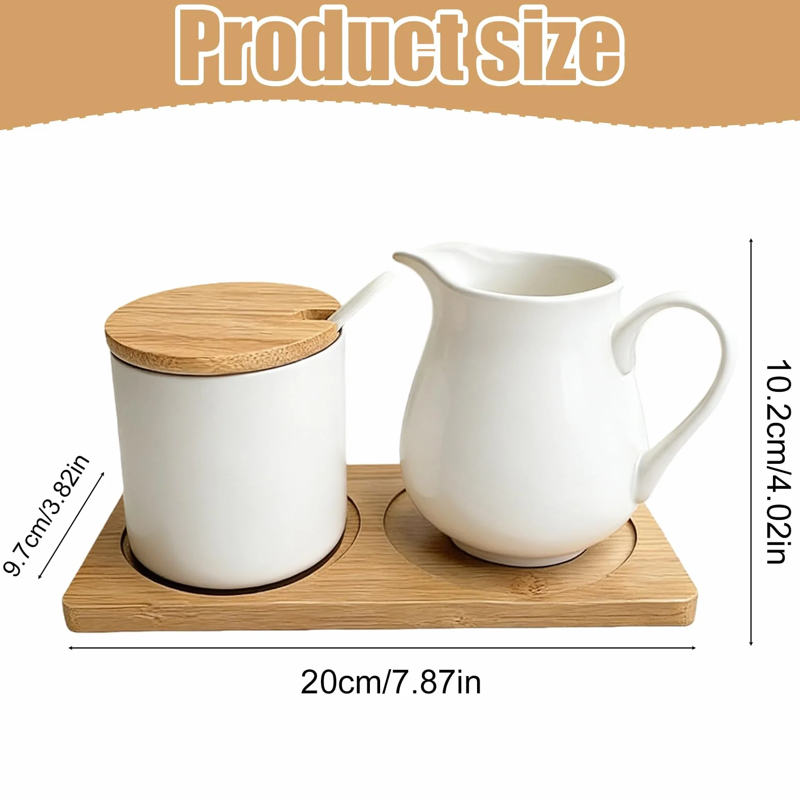 GOMETY Zestaw do mleka i cukru z pokrywką i łyżką, ceramiczny dzbanek na mleko i cukiernica z drewnianą tacą, nadaje się do mycia w zmywarce i kuchenki mikrofalowej, do kawy i cappuccino (biały)