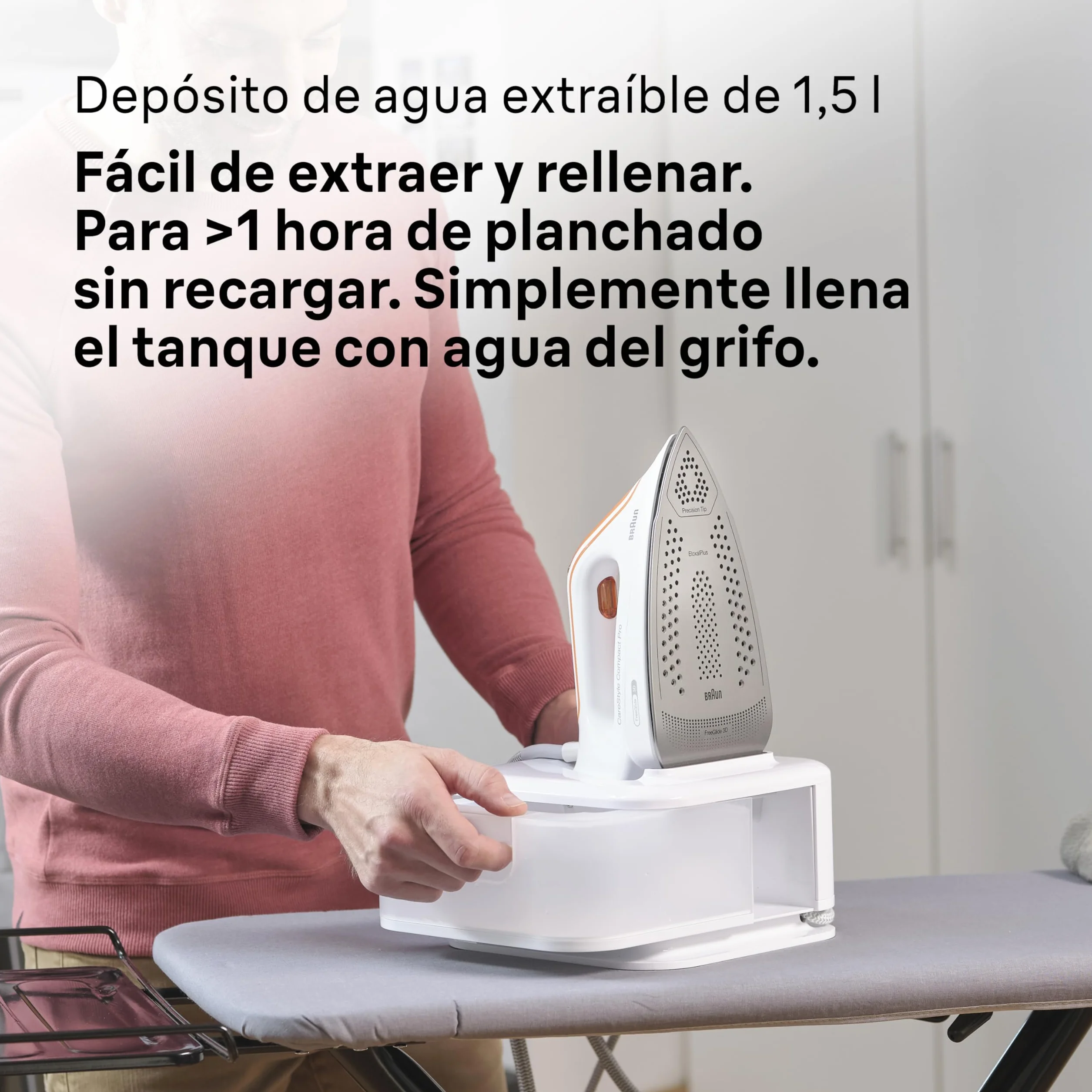Braun CareStyle Compact Pro żelazko generujące parę, FreeGlide 3D, tryb iCareMode, Eco i Turbo, pionowe parowanie, niekapiący, zbiornik na wodę 1,5 l, 6 bar/400 g/min, 2400 W, biały/pomarańczowy