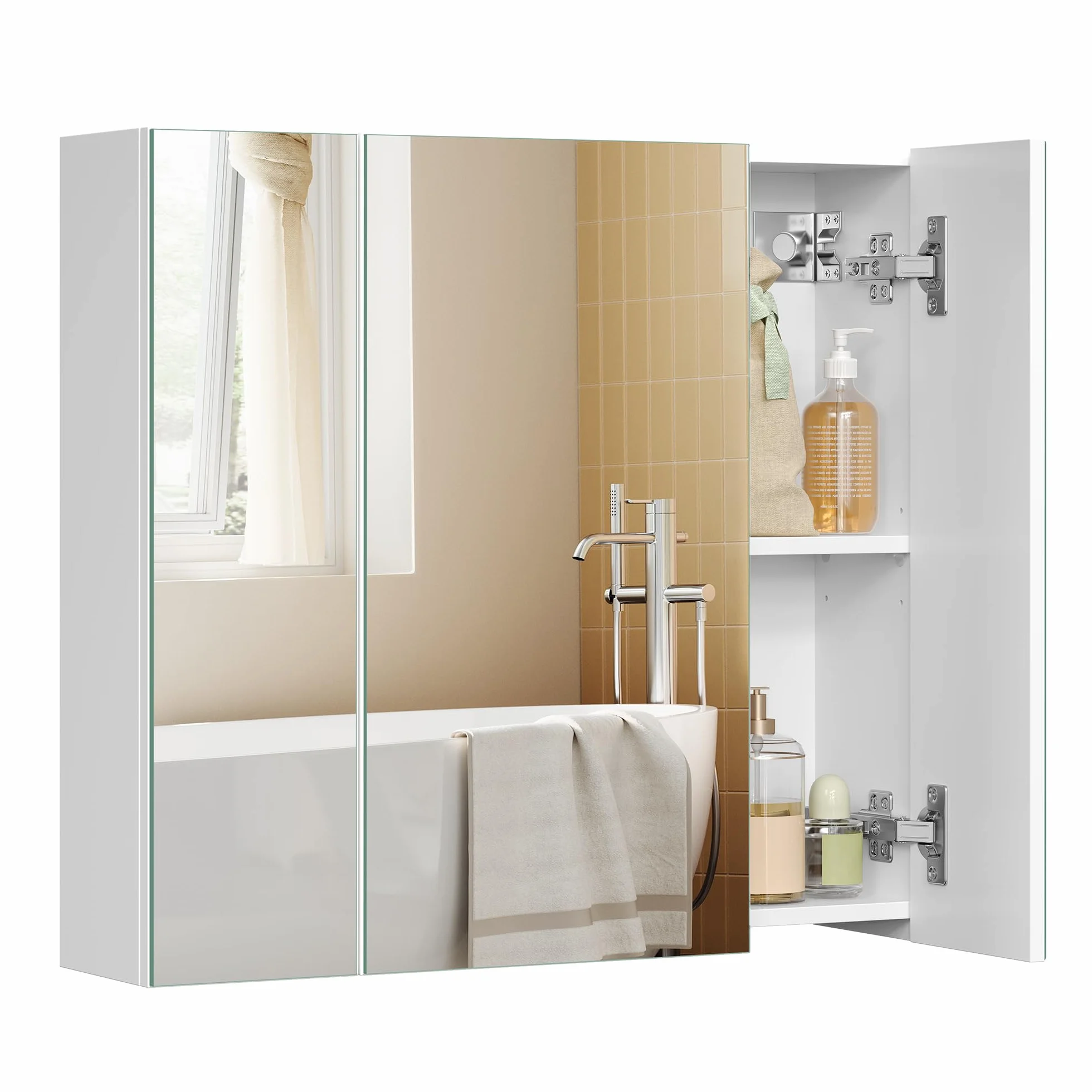 VASAGLE BBK22WT szafka ścienna, łazienka, szafka z lustrem, szafka do przechowywania 3 drzwi, 60 x 15 x 55 cm, z regulowanym regałem, nowoczesna, biała, BBK22WT