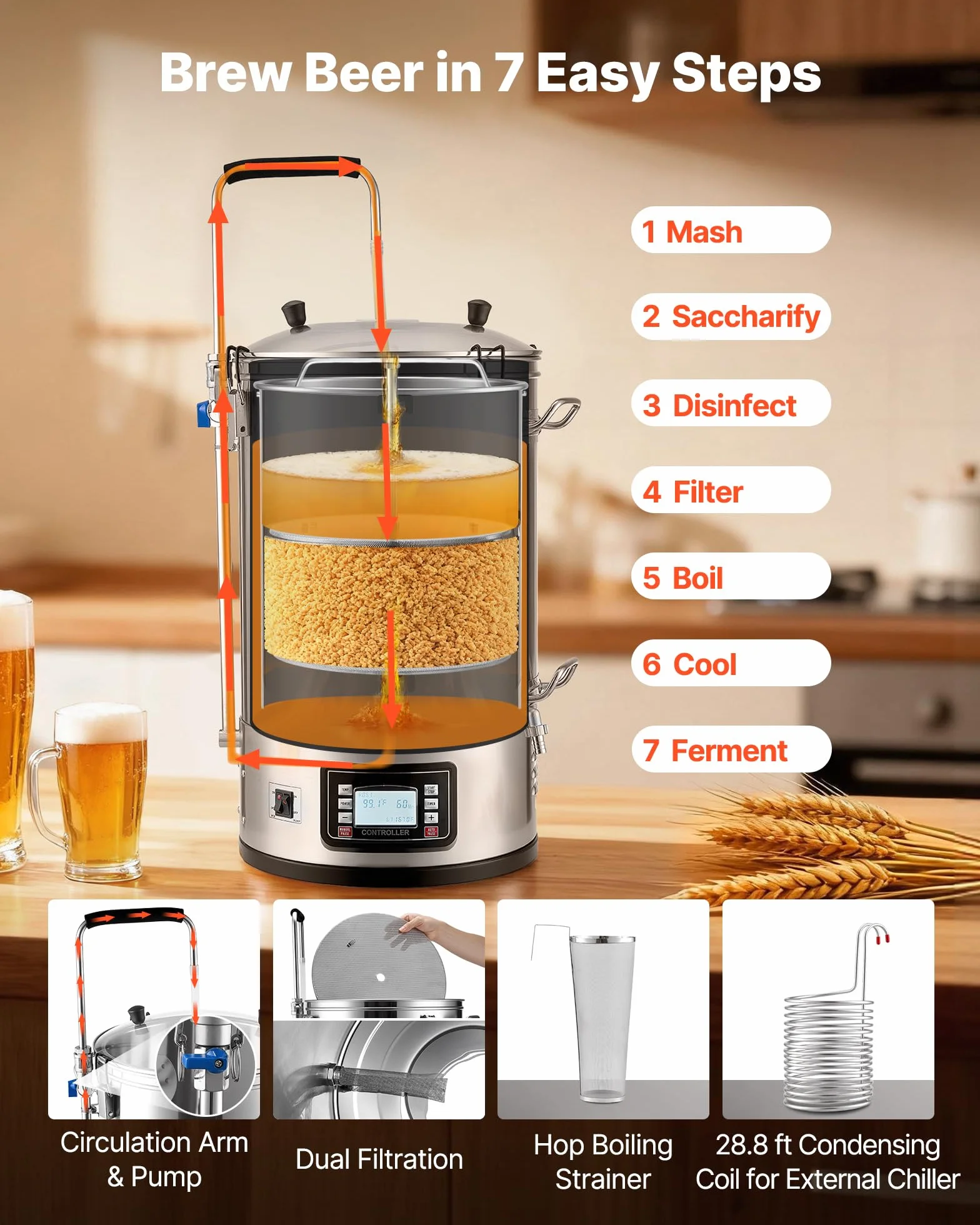 Vevor Electric Brewing System 8 Gal Home Beer Brewer Auto/Manual Garnek do Produkcji Piwa, Srebrny, 35 litrów