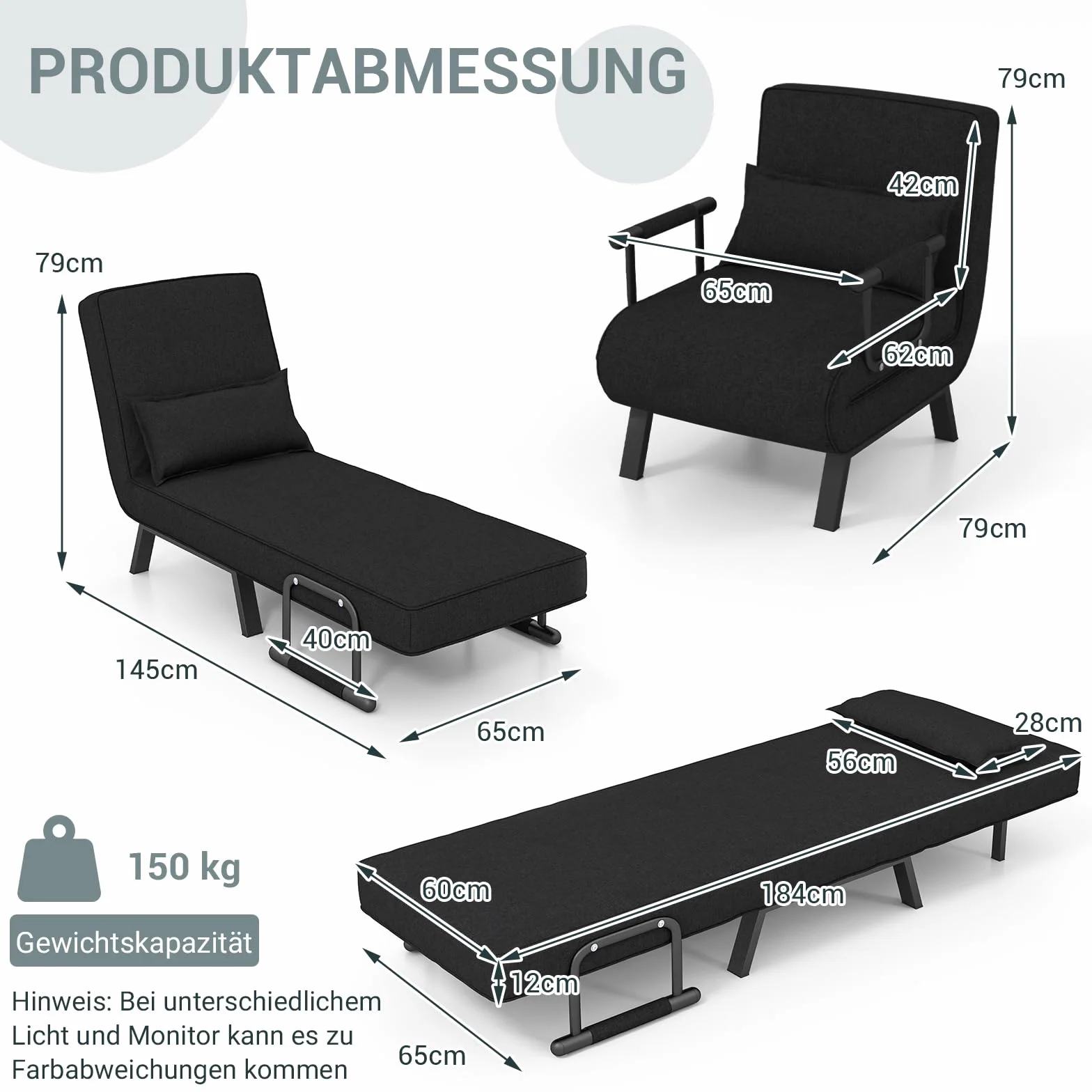 GOPLUS 4 w 1 fotel do spania z funkcją łóżka, sofa do spania z 6-stopniową regulacją oparcia i zdejmowanym poduszkiem, fotel relaksacyjny, rozkładana sofa do łóżka, składany do domu i biura (czarny)