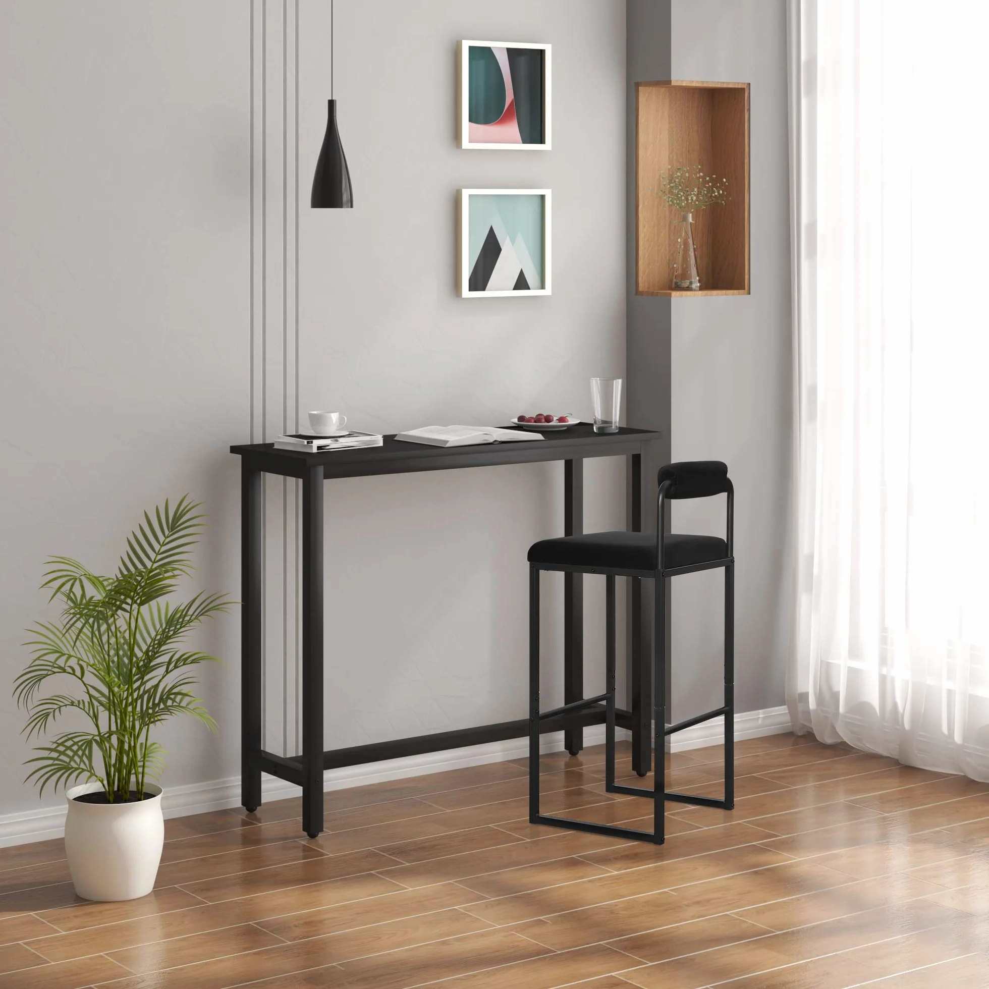 WOLTU 4 x stołek barowy z podnóżkiem, wysokie krzesło z oparciem, aksamitny taboret z tapicerką, taboret tapicerowany z metalu, ergonomiczny taboret, czarny BH343sz-4