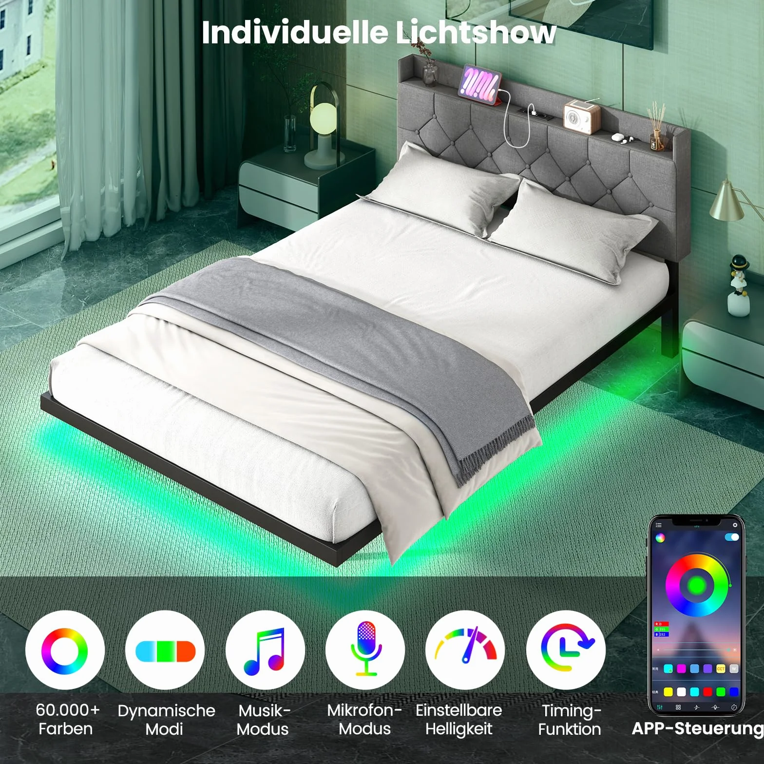 COSTWAY Łóżko tapicerowane z oświetleniem LED i stacją ładującą 140x200 cm z regulowanym zagłówkiem
